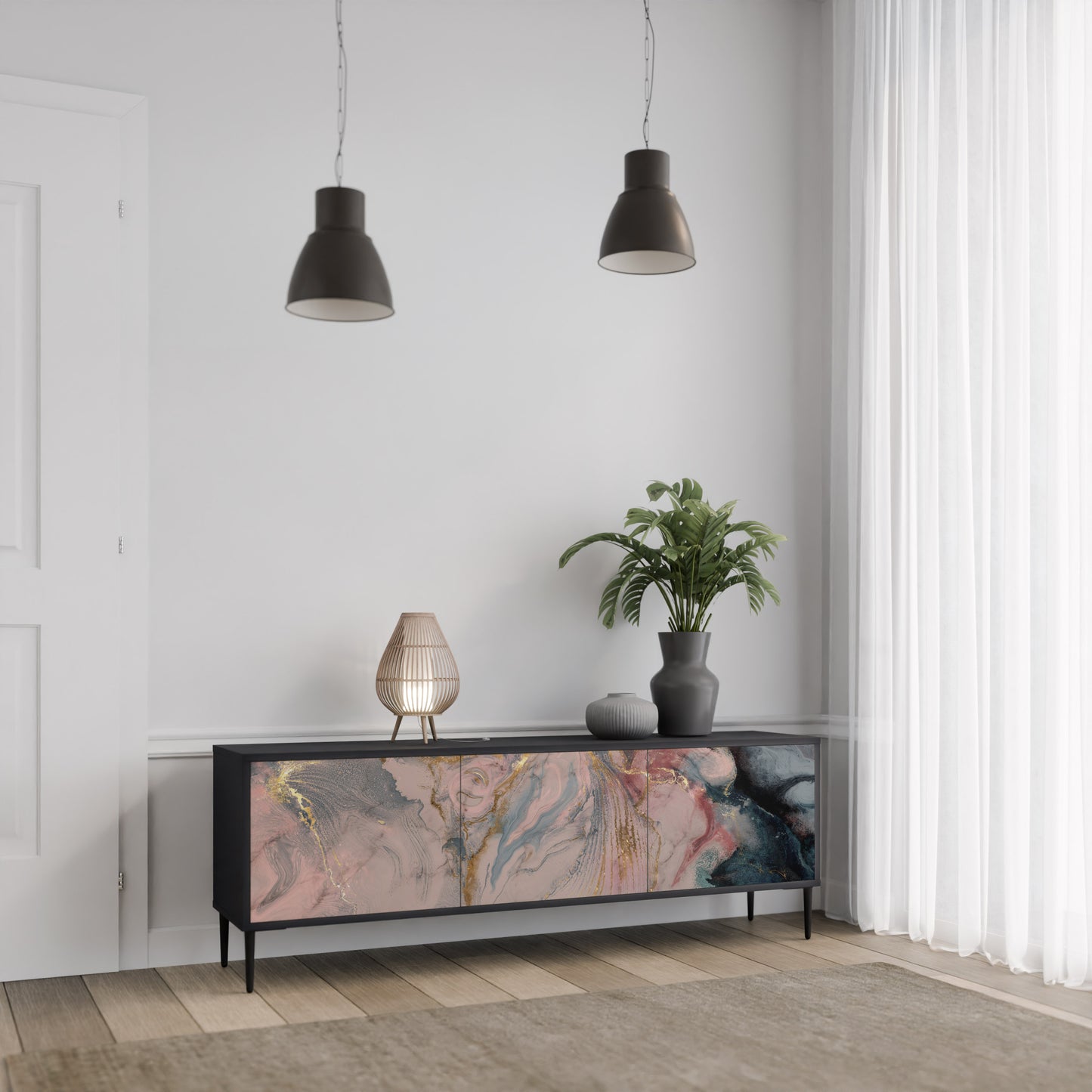 GILDED SWIRLS 3-dörrars TV-bänk i svart finish