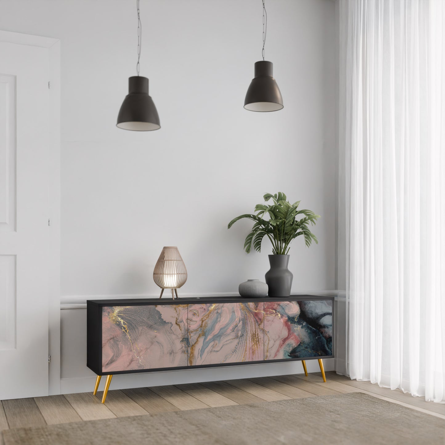 GILDED SWIRLS 3-dörrars TV-bänk i svart finish