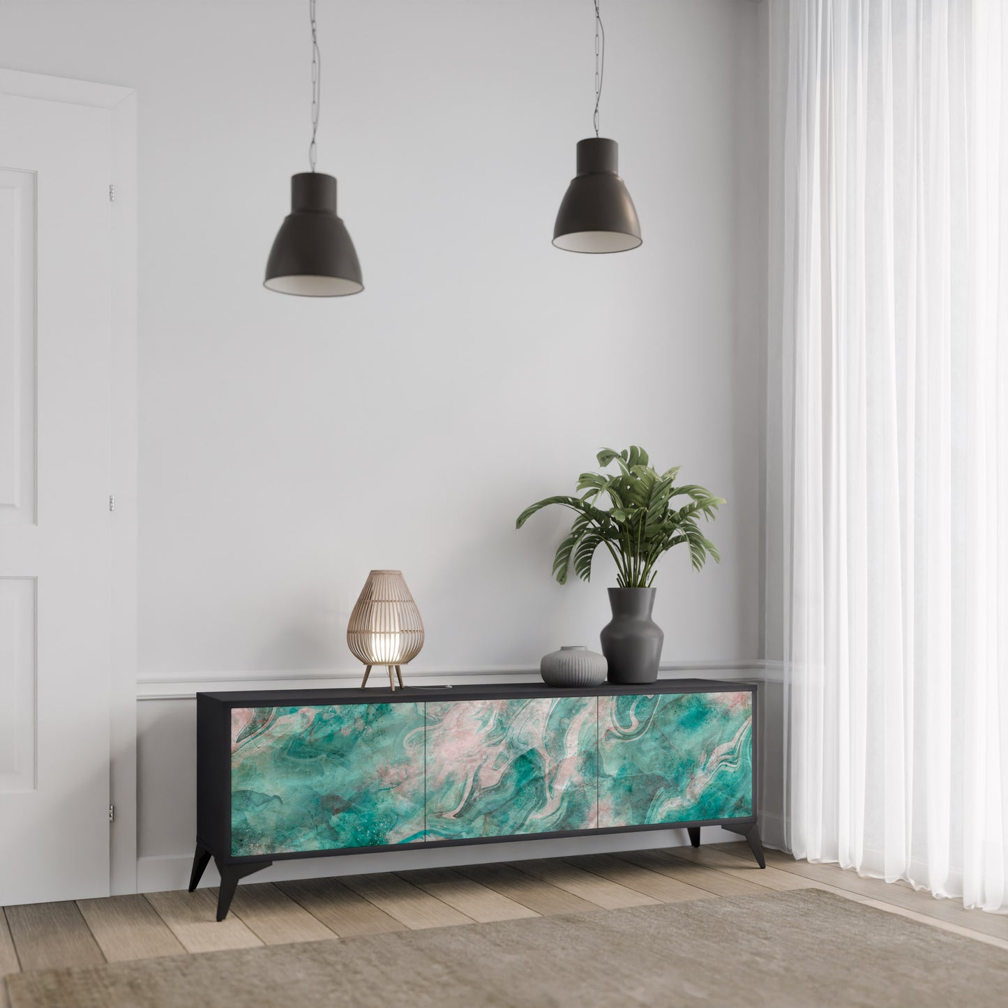 ABSTRACT ALCHEMY 3-Door TV Stand in Black Finish
