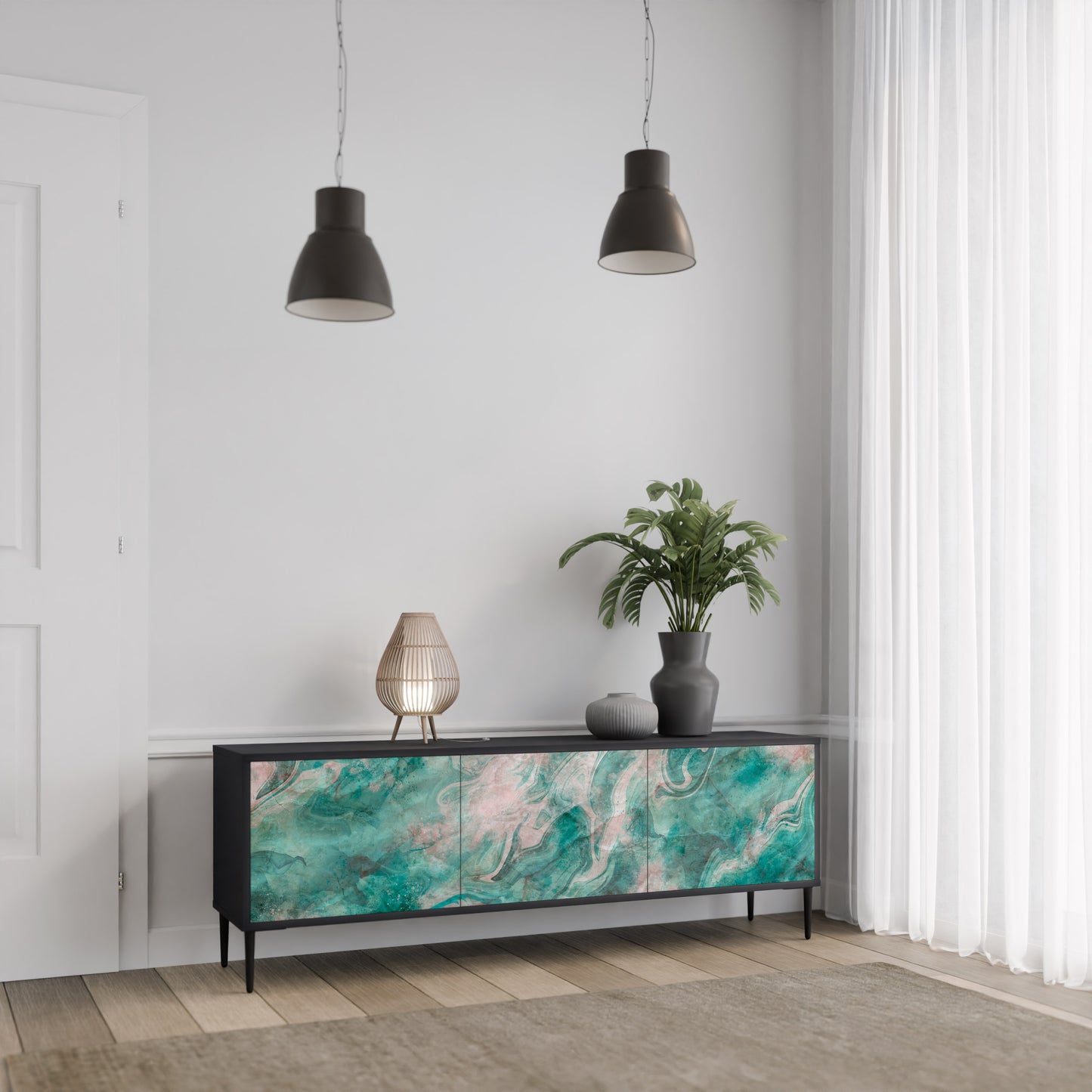 ABSTRACT ALCHEMY 3-Door TV Stand in Black Finish