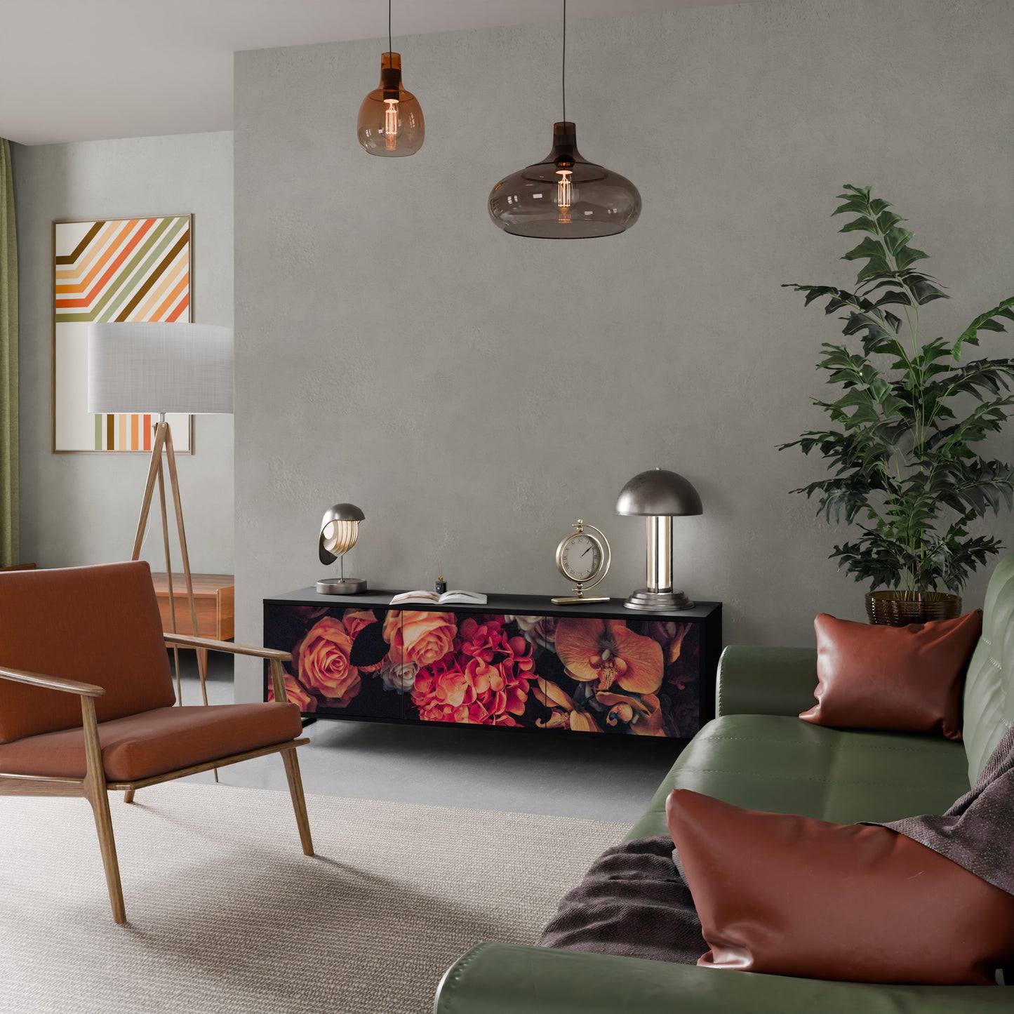 NEVERENDING BLOOM 3-dörrars TV-bänk i svart finish