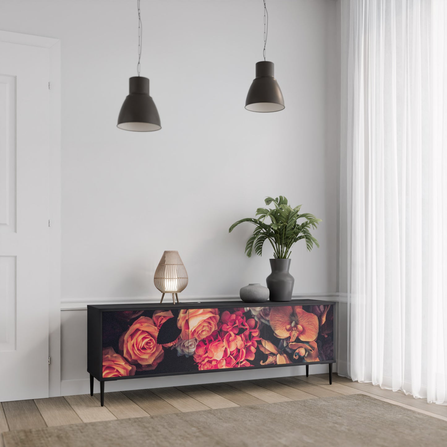 NEVERENDING BLOOM 3-dörrars TV-bänk i svart finish
