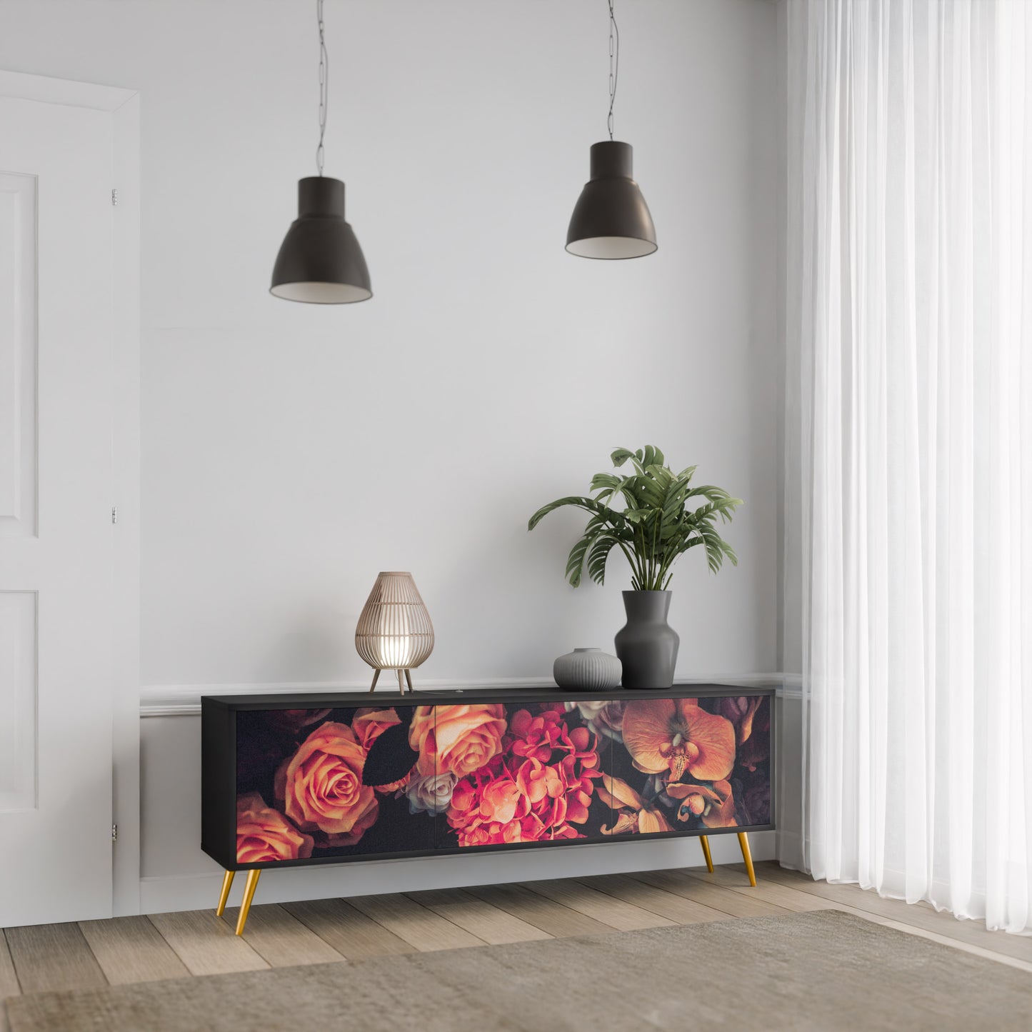 NEVERENDING BLOOM 3-dörrars TV-bänk i svart finish