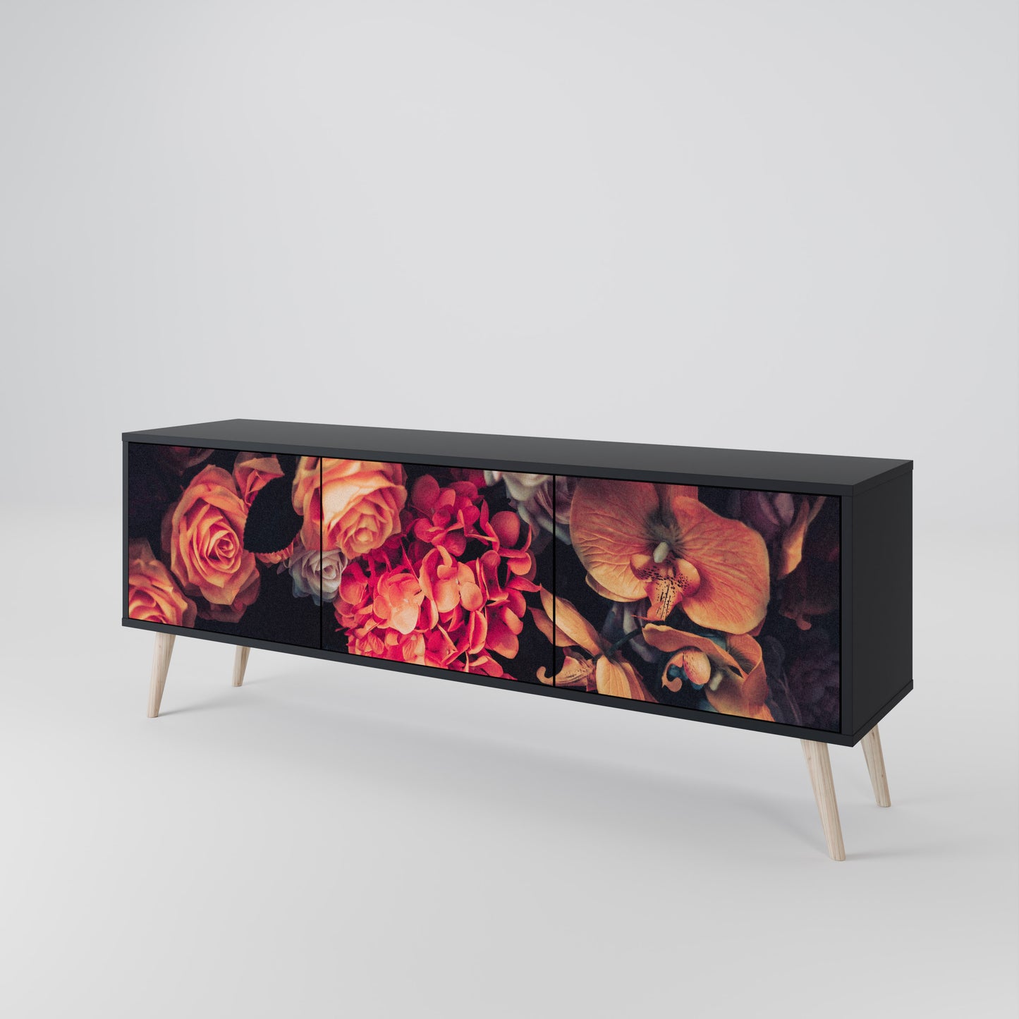NEVERENDING BLOOM 3-dörrars TV-bänk i svart finish