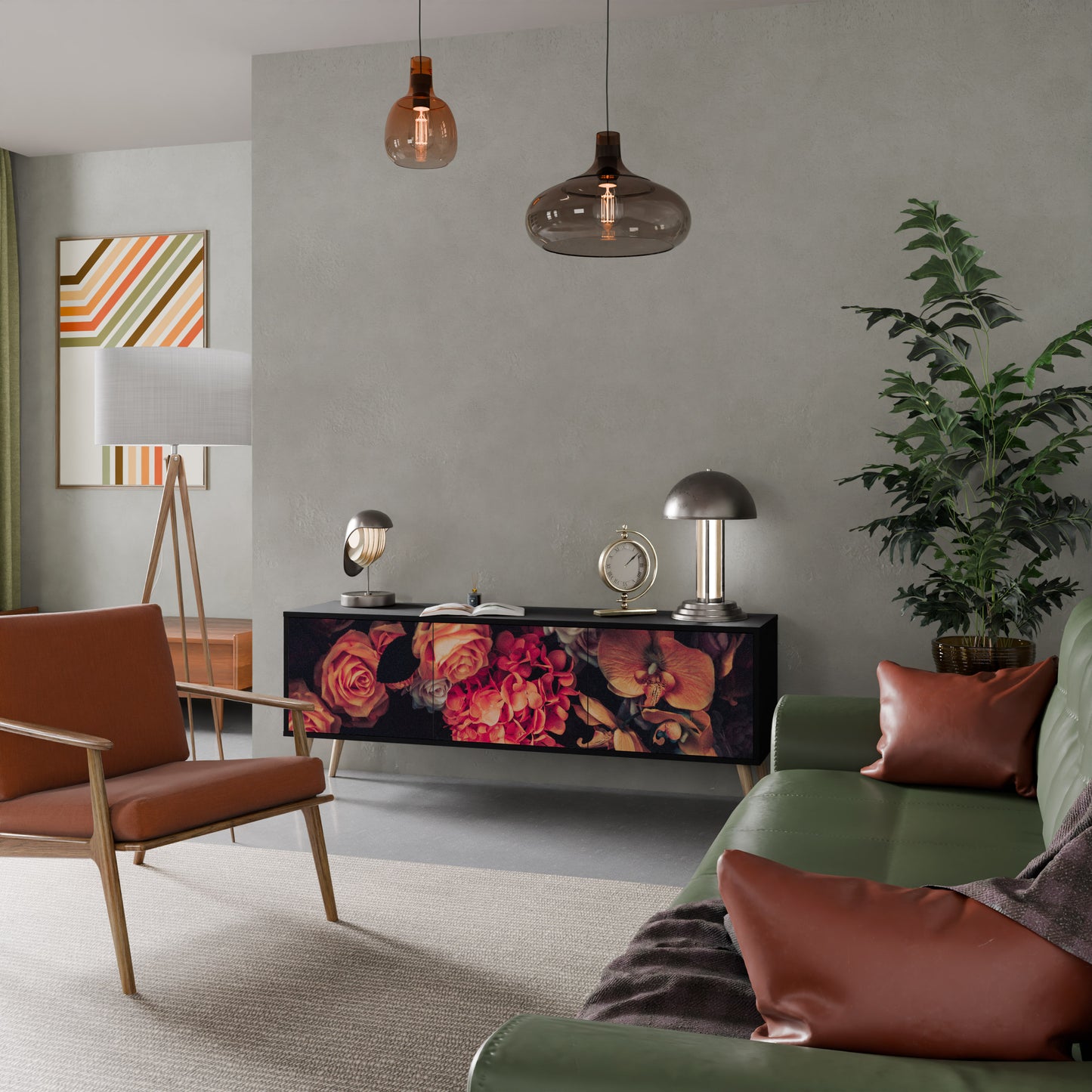 NEVERENDING BLOOM 3-dörrars TV-bänk i svart finish