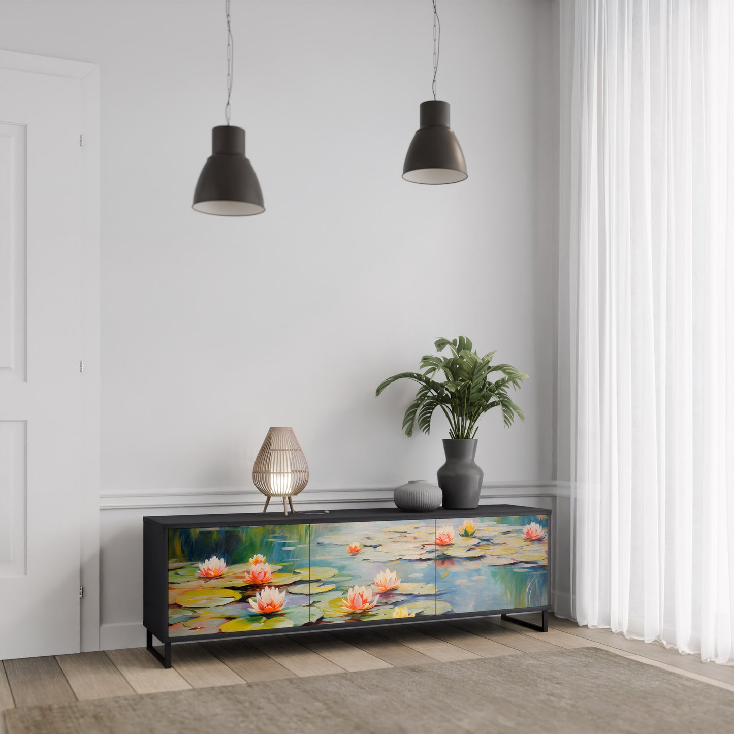 BLOOMING WATERS 3-dörrars TV-bänk i svart finish