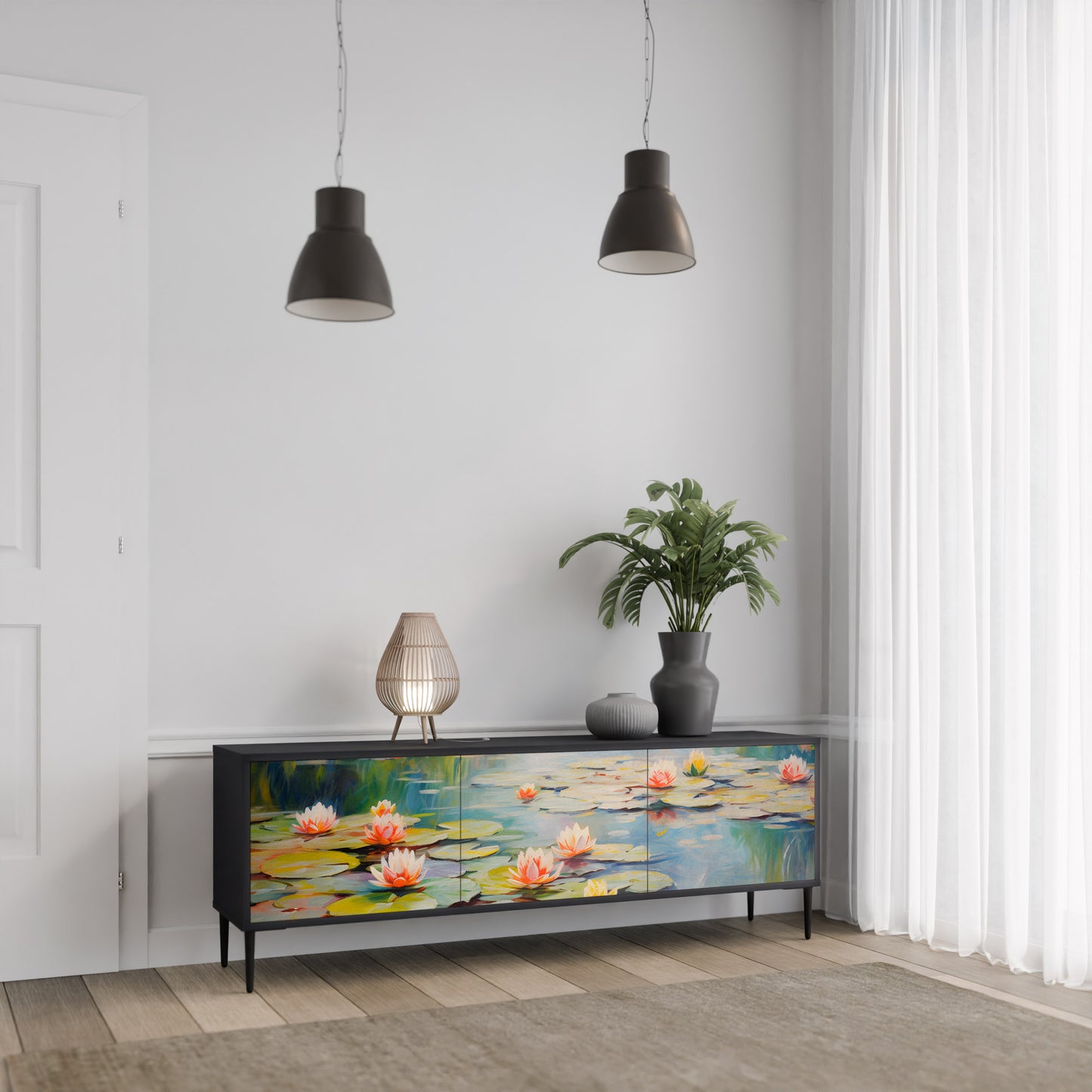 BLOOMING WATERS 3-dörrars TV-bänk i svart finish