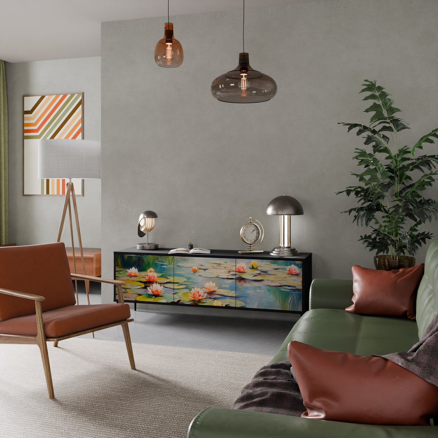 BLOOMING WATERS 3-dörrars TV-bänk i svart finish