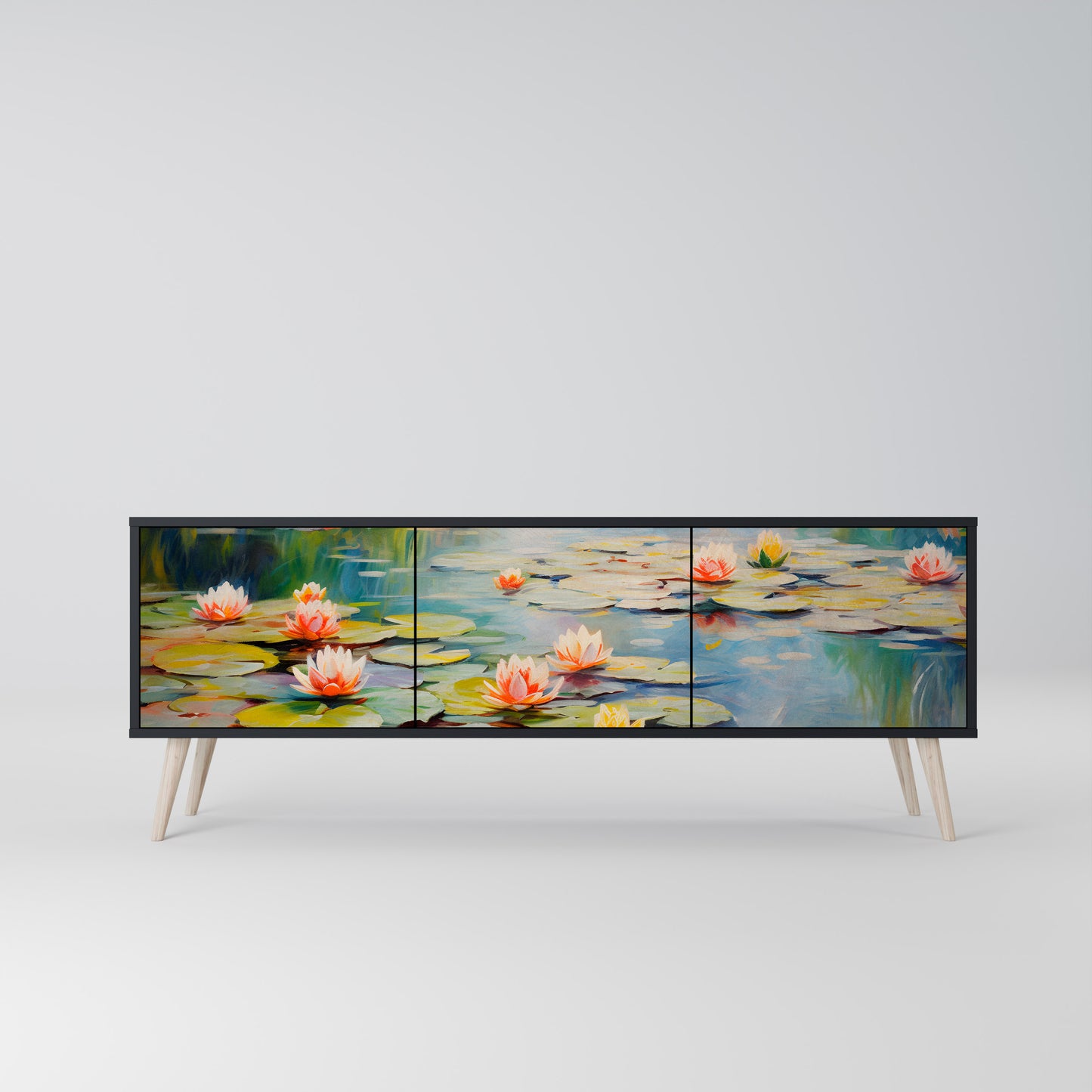 BLOOMING WATERS 3-dörrars TV-bänk i svart finish