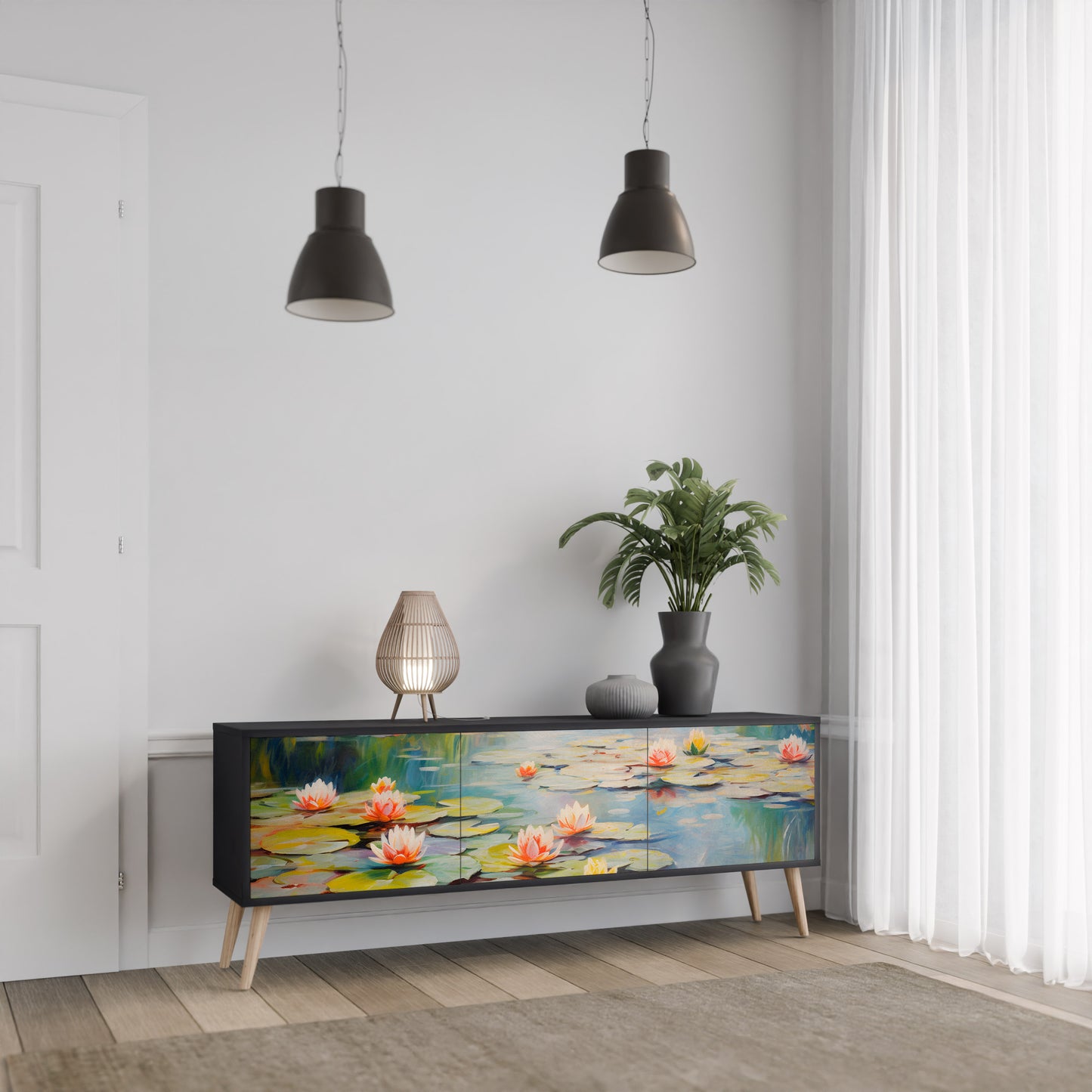 BLOOMING WATERS 3-dörrars TV-bänk i svart finish