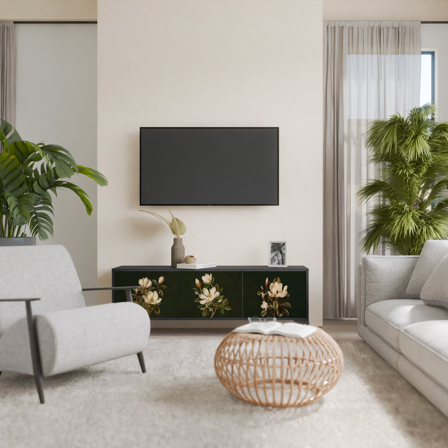 FLORAL NOIR TV-bänk med 3 dörrar i svart finish