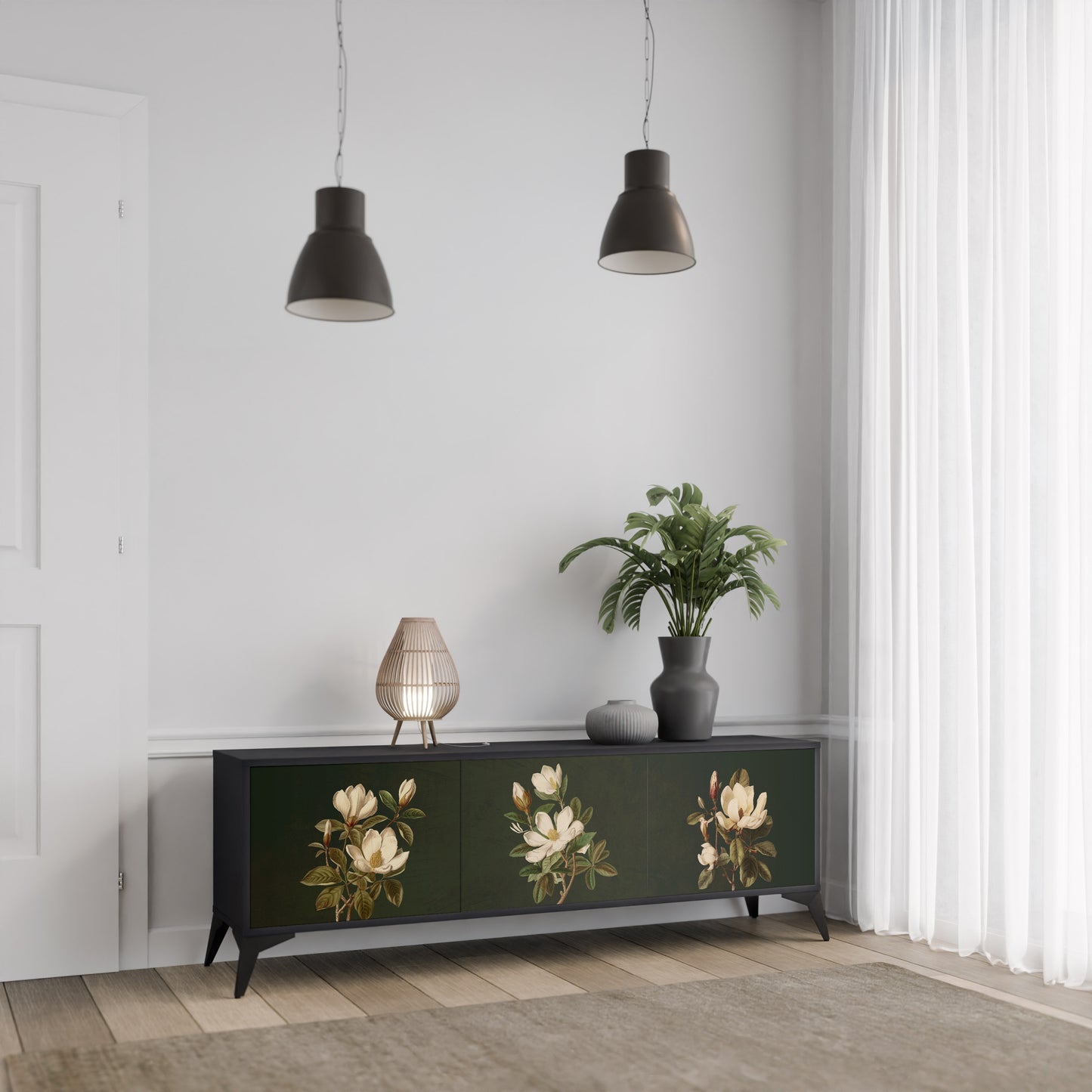 FLORAL NOIR TV-bänk med 3 dörrar i svart finish