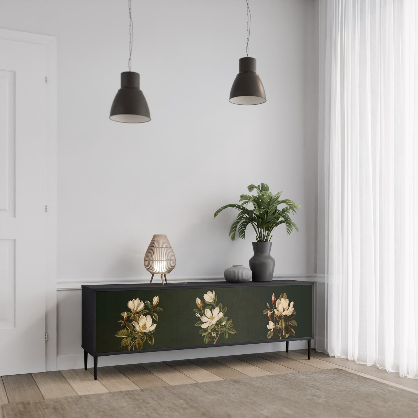 FLORAL NOIR TV-bänk med 3 dörrar i svart finish