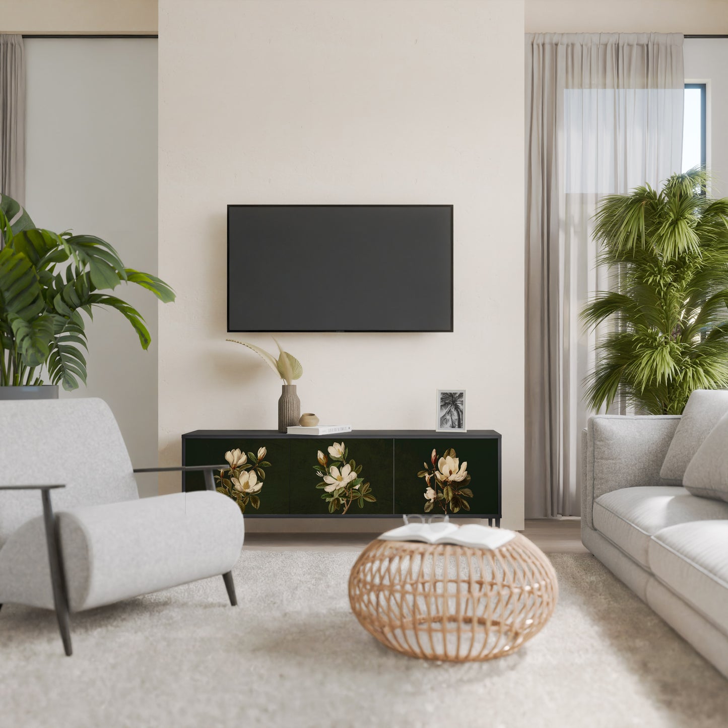 FLORAL NOIR TV-bänk med 3 dörrar i svart finish