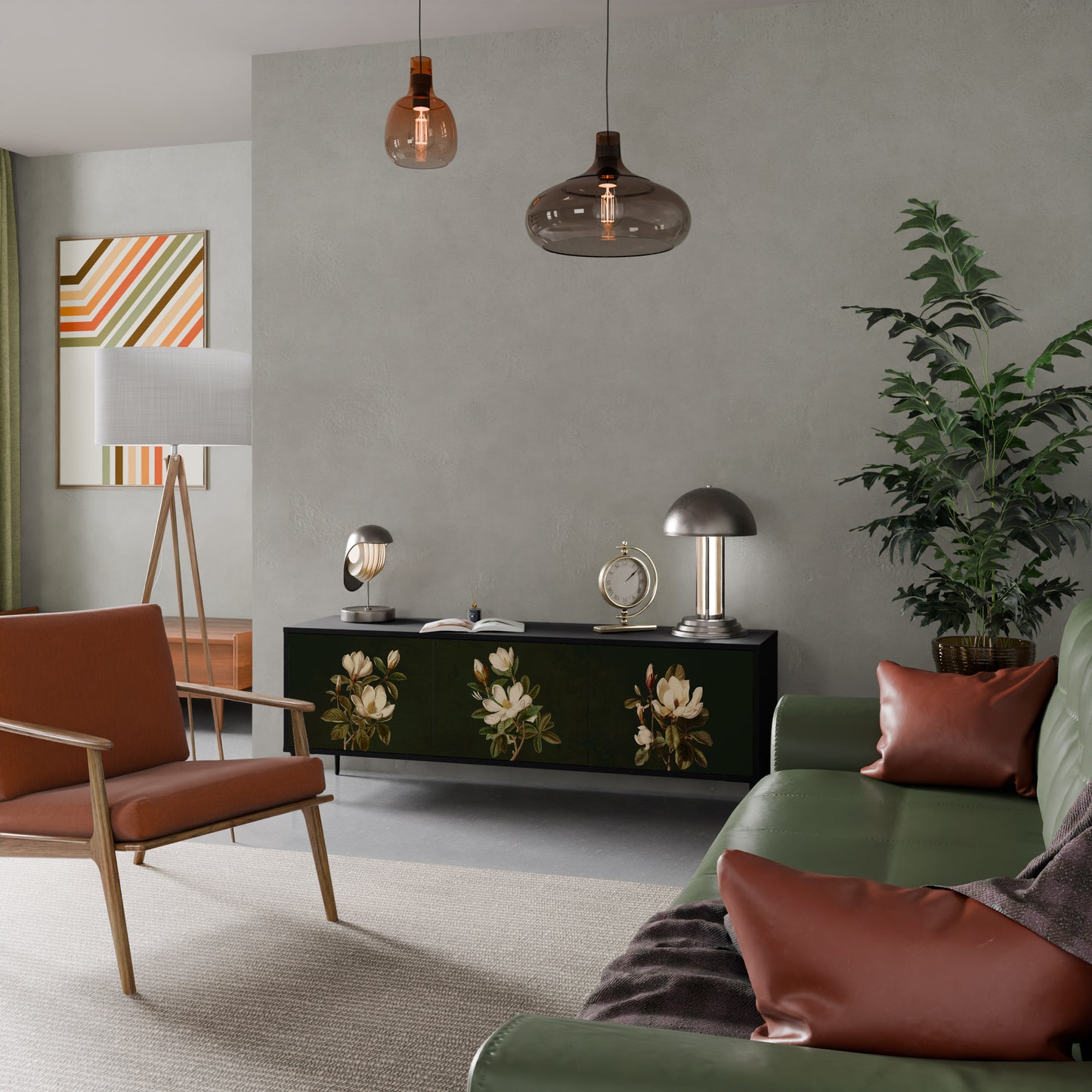 FLORAL NOIR TV-bänk med 3 dörrar i svart finish
