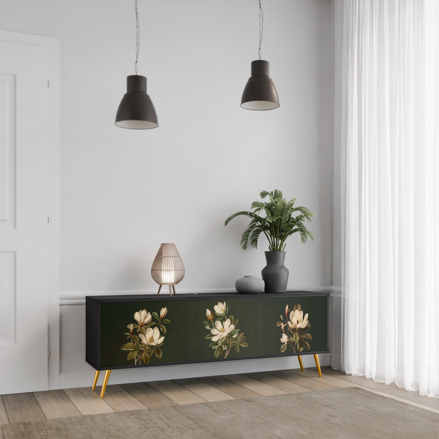 FLORAL NOIR TV-bänk med 3 dörrar i svart finish