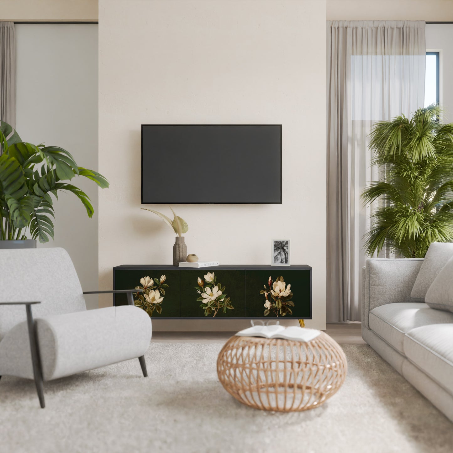 FLORAL NOIR TV-bänk med 3 dörrar i svart finish