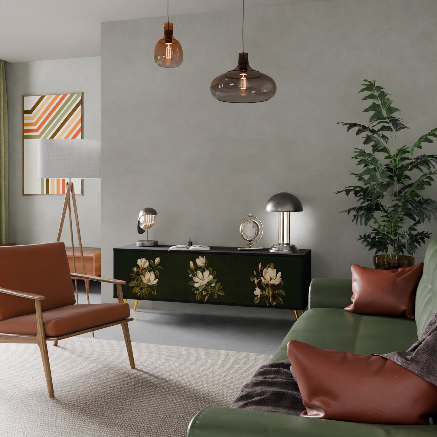 FLORAL NOIR TV-bänk med 3 dörrar i svart finish