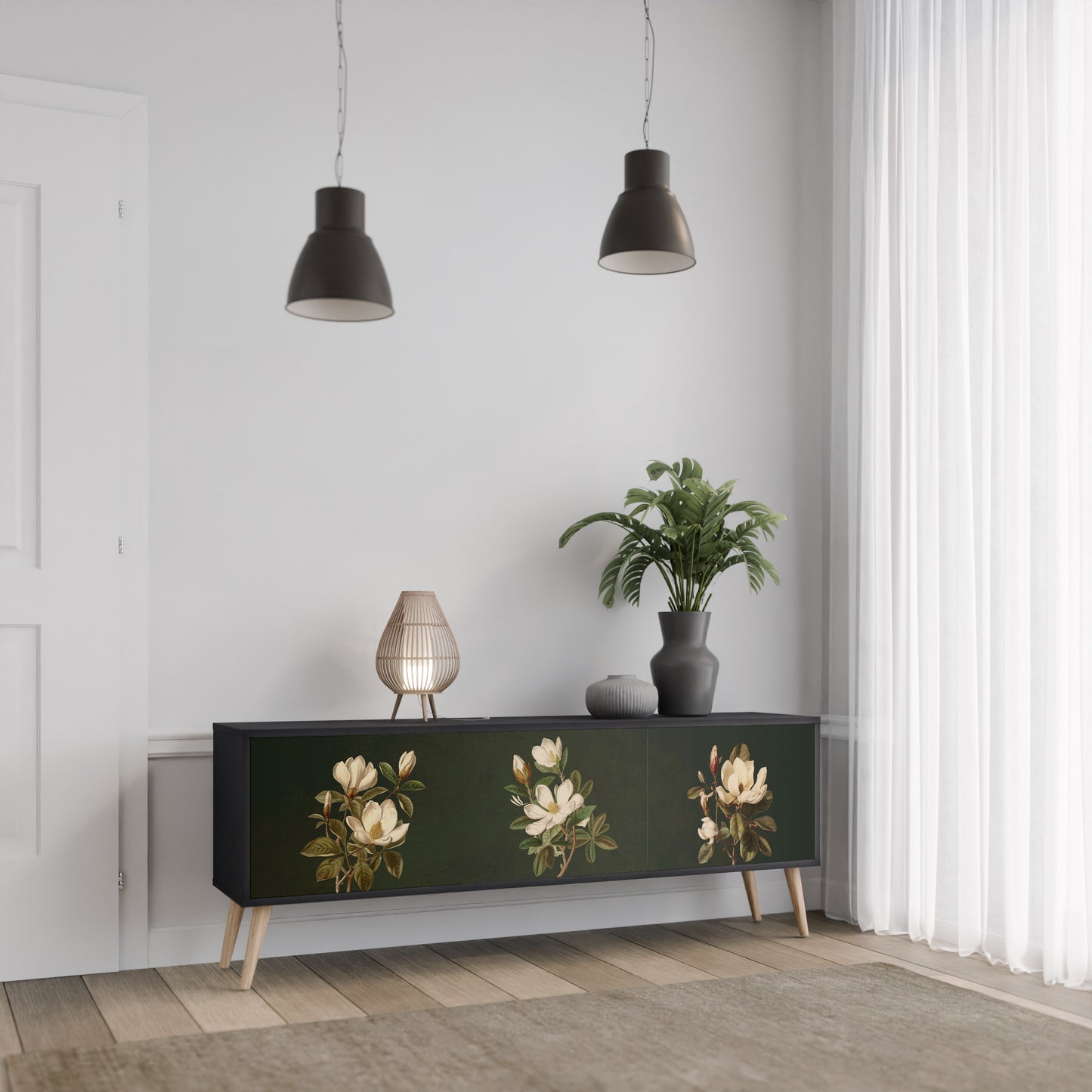 FLORAL NOIR TV-bänk med 3 dörrar i svart finish