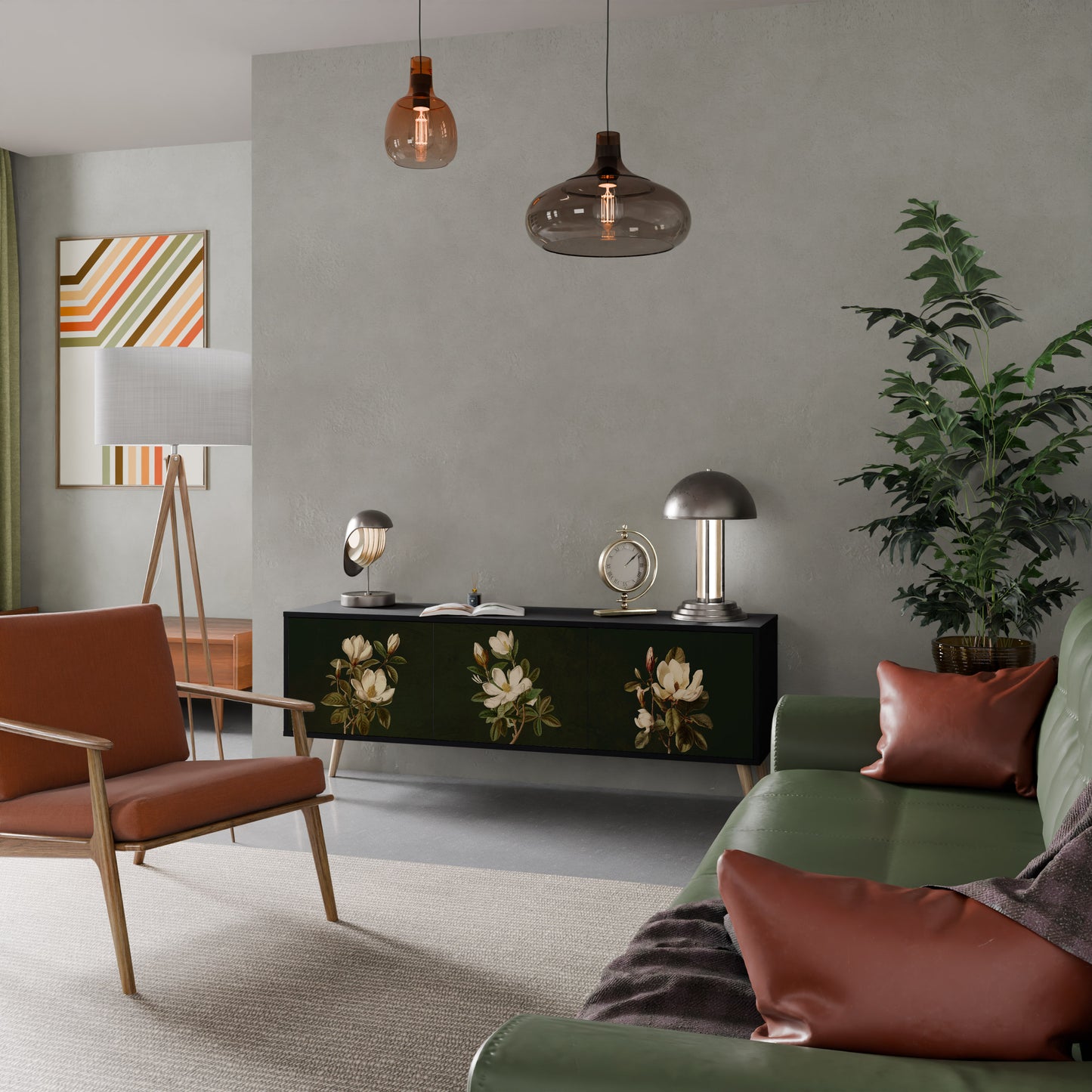 FLORAL NOIR TV-bänk med 3 dörrar i svart finish