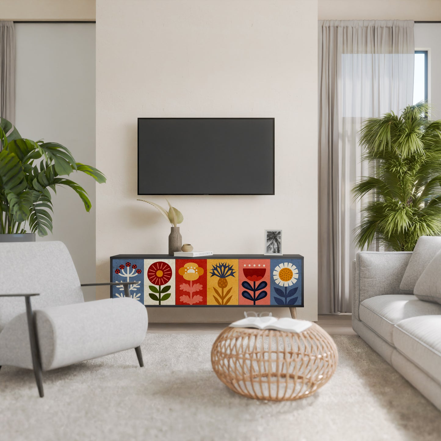 SCANDIC FLOWERET 3-Door TV Stand in Black Finish