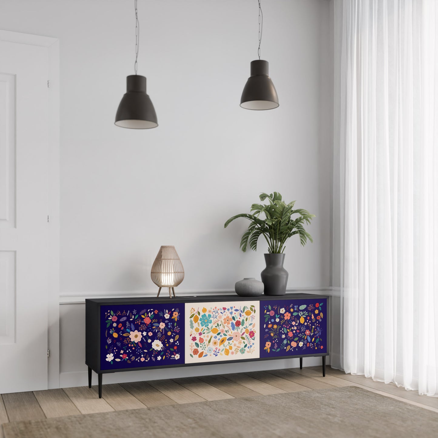 BLOMMA KOMBINATION 3-dörrars TV-bänk i svart finish