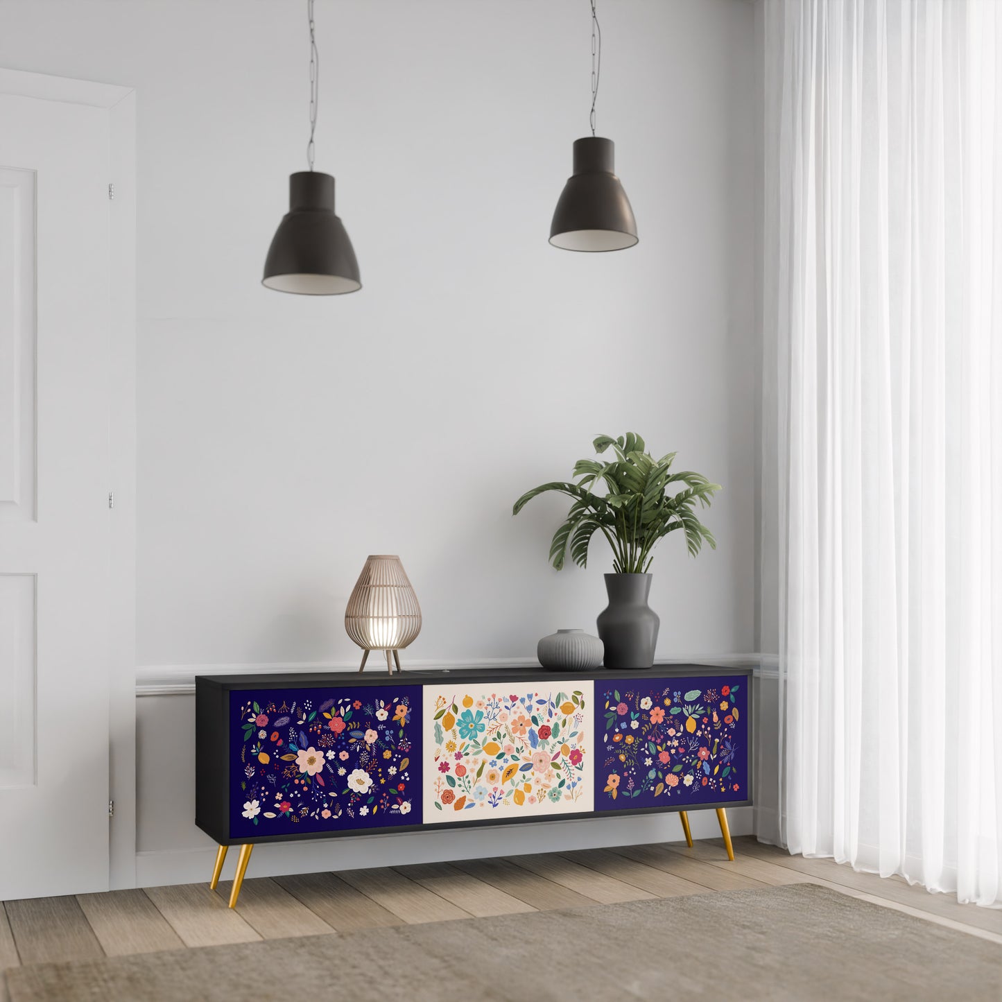 BLOMMA KOMBINATION 3-dörrars TV-bänk i svart finish