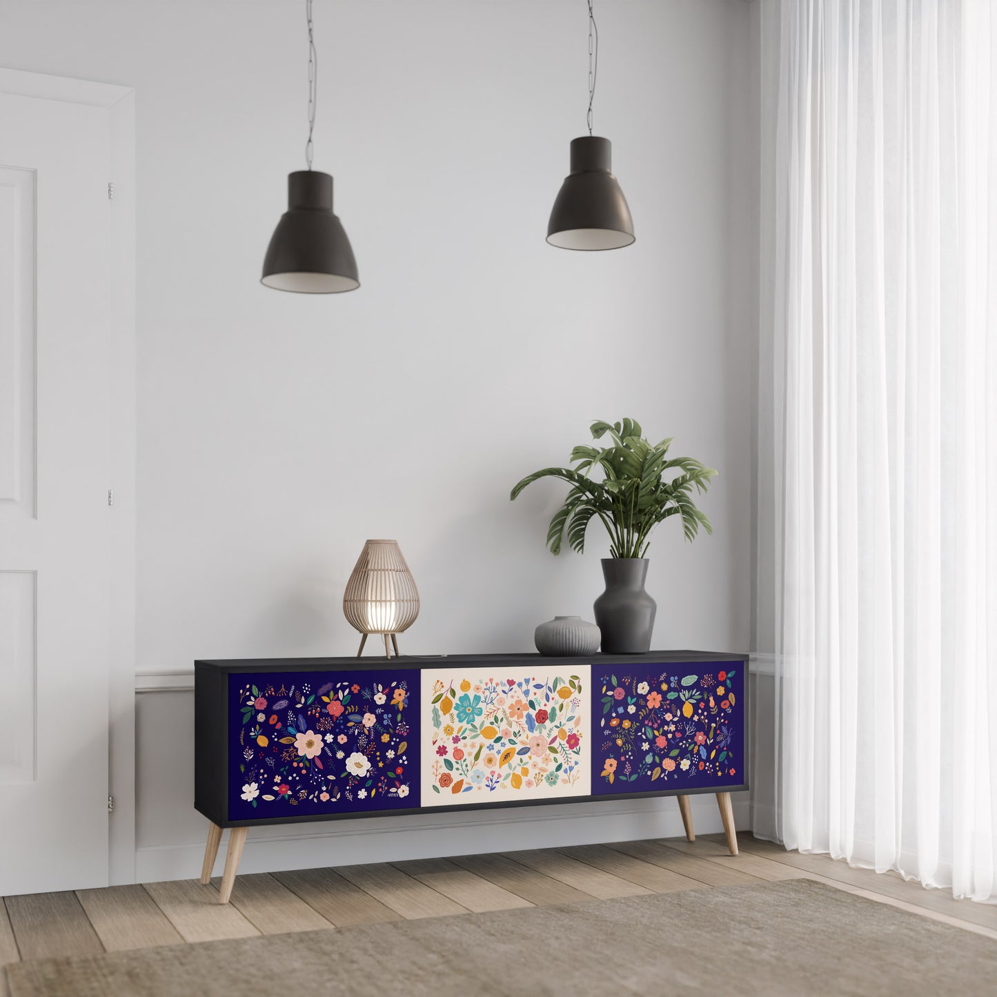 BLOMMA KOMBINATION 3-dörrars TV-bänk i svart finish