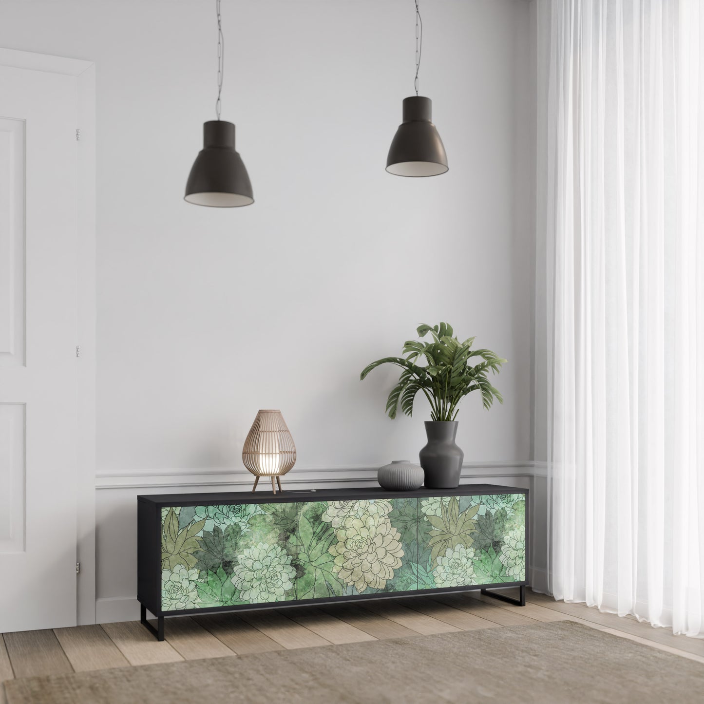 SUCCULENT CLUSTER 3-Door TV Stand in Black Finish