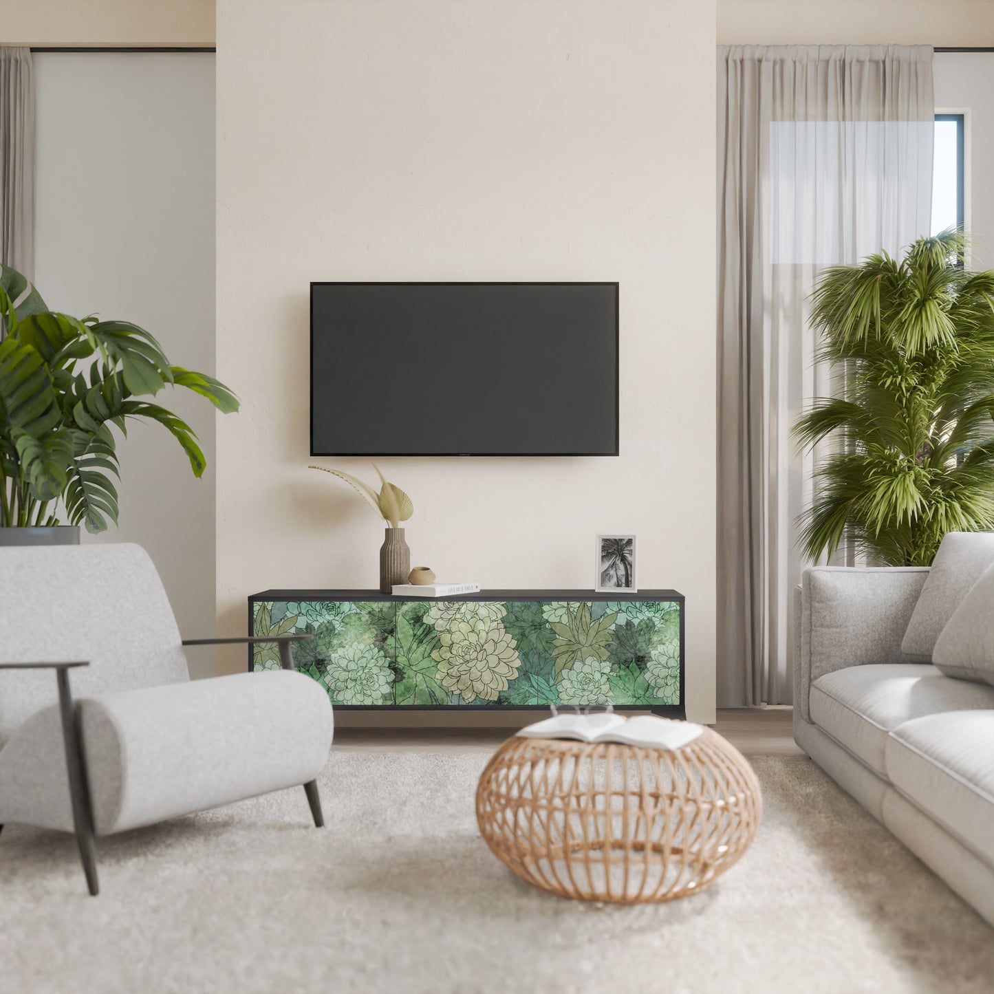SUCCULENT CLUSTER 3-Door TV Stand in Black Finish