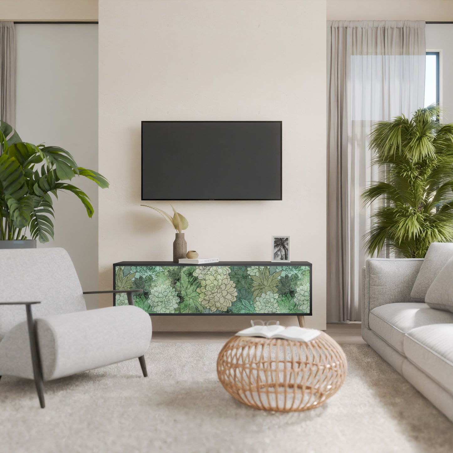 SUCCULENT CLUSTER 3-Door TV Stand in Black Finish