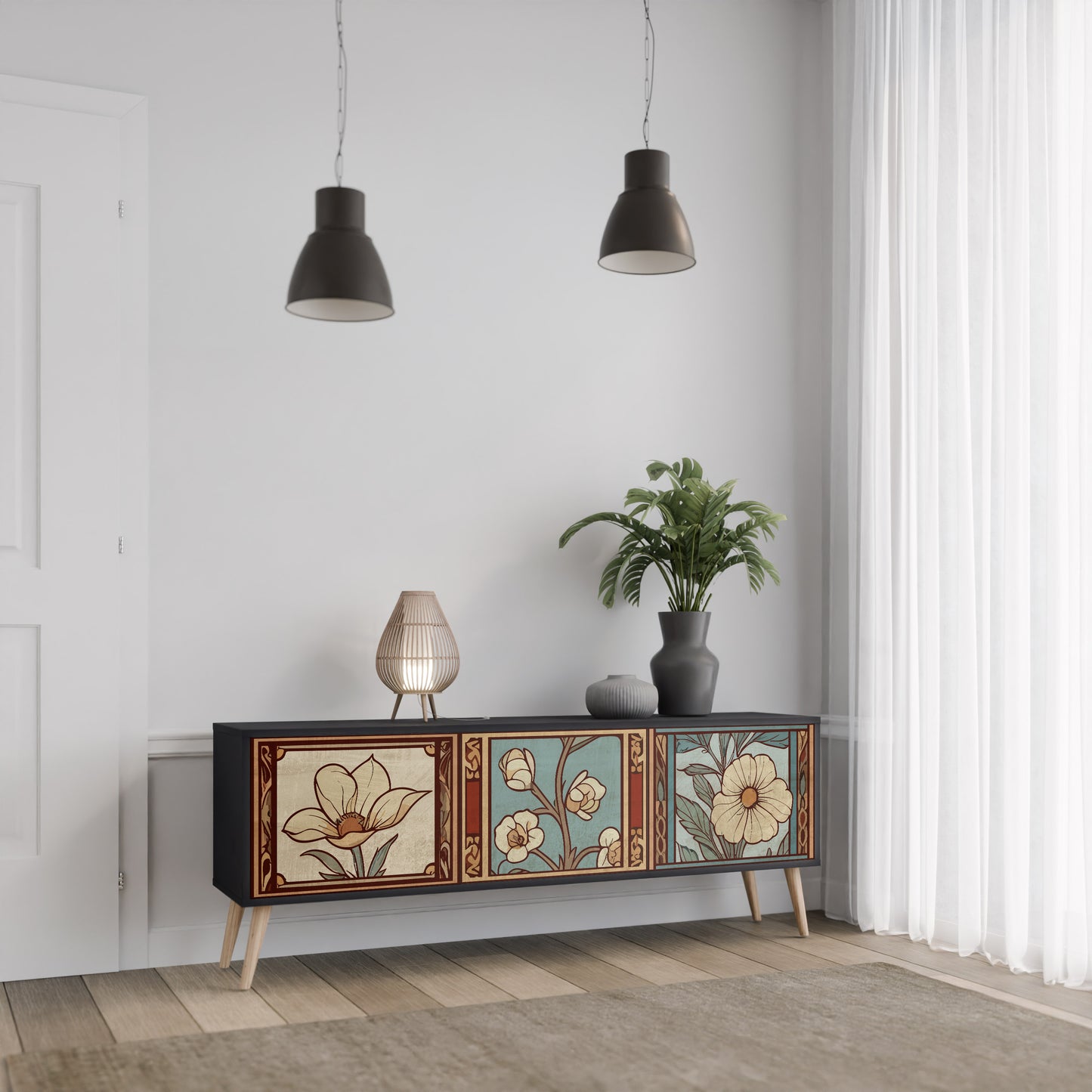 TIDLÖS FLORA 3-dörrars TV-bänk i svart finish