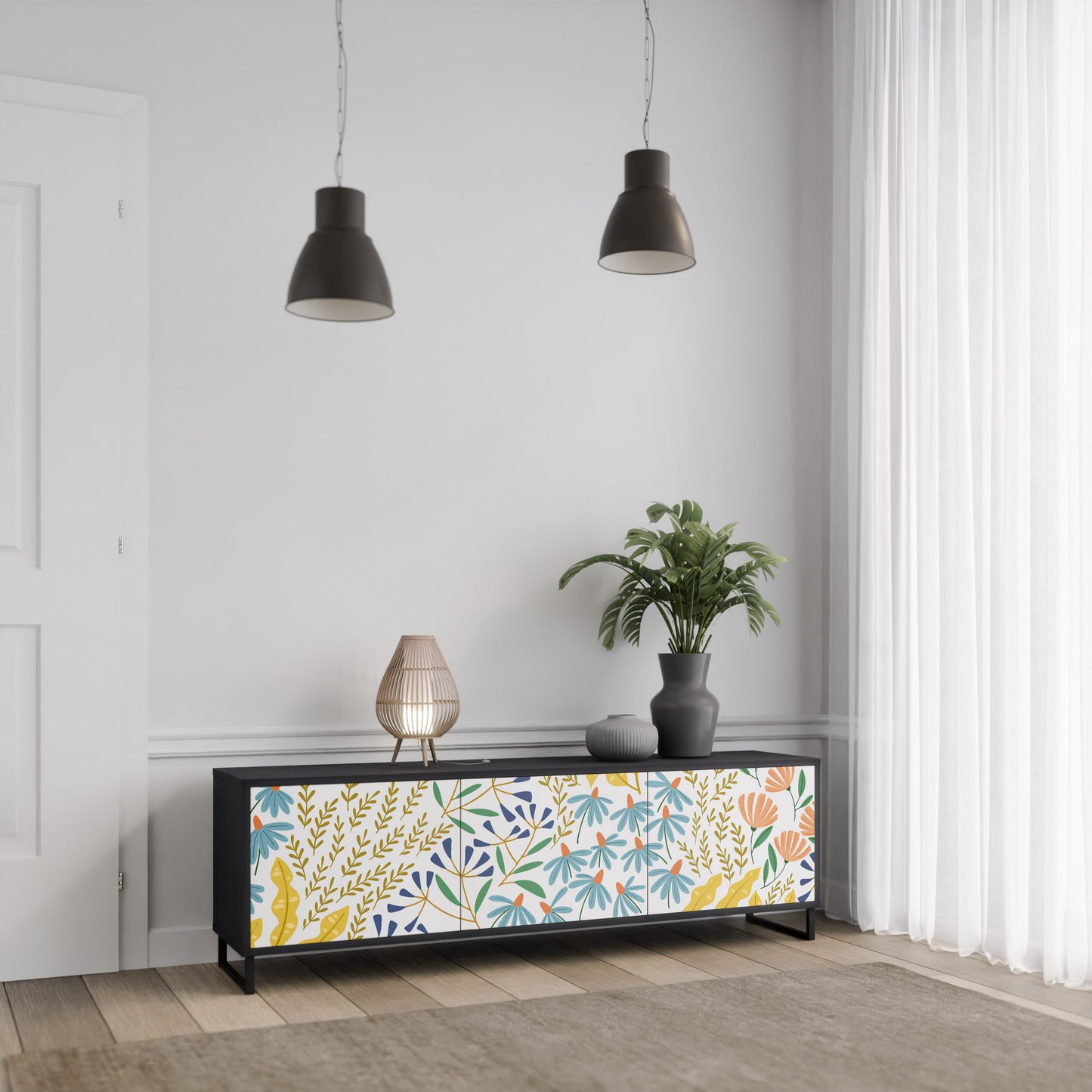 HELLO SPRING TV-bänk med 3 dörrar i svart finish