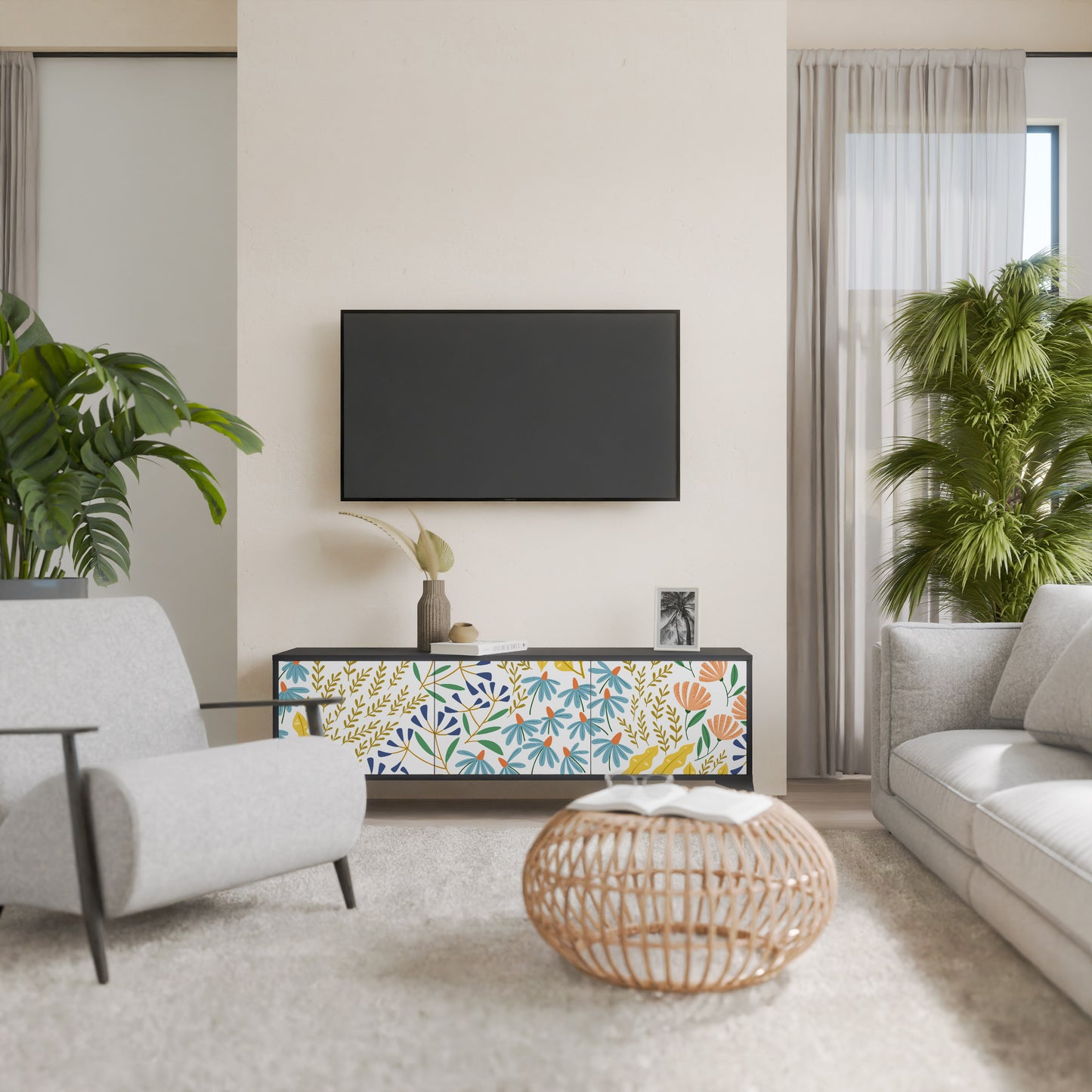 HELLO SPRING TV-bänk med 3 dörrar i svart finish