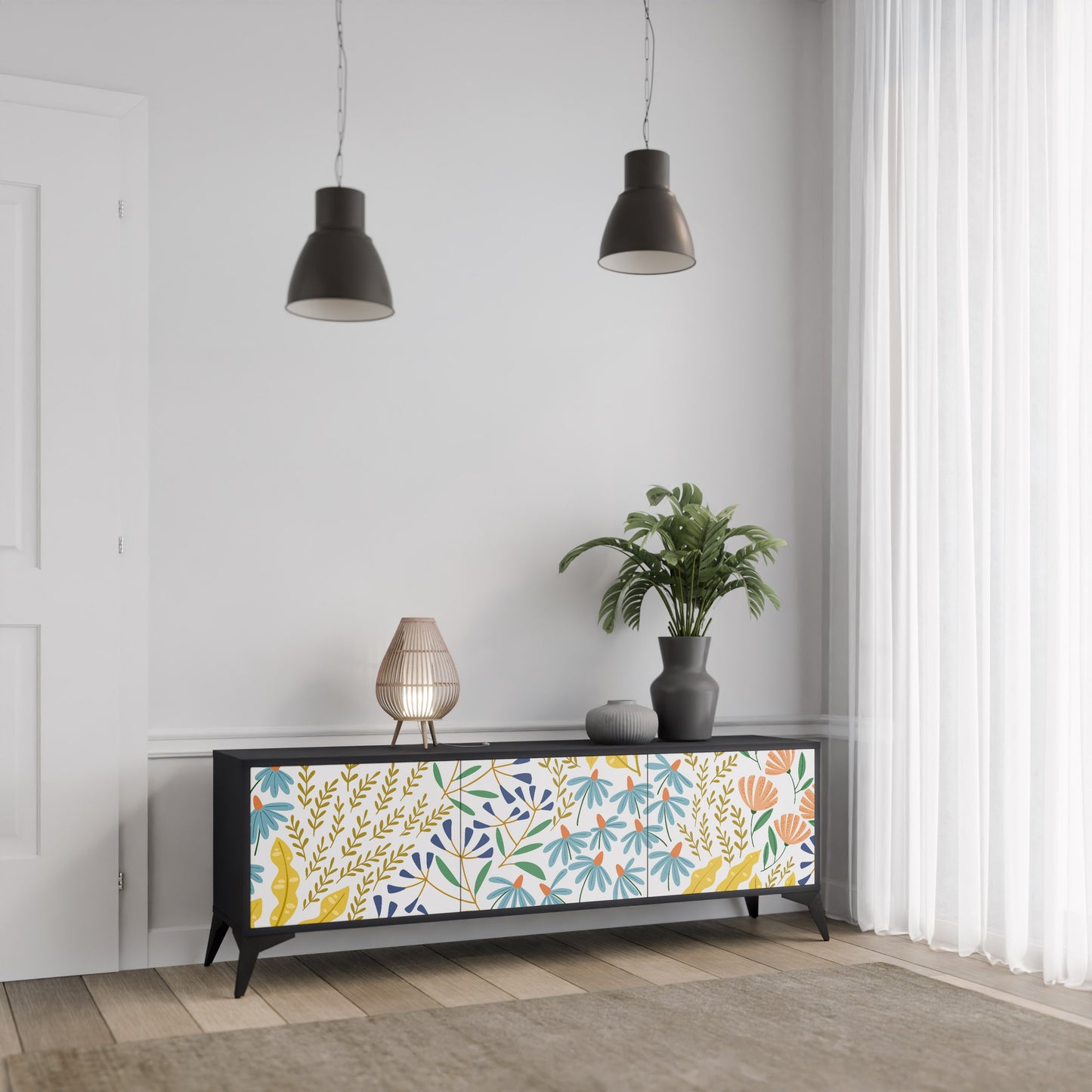 HELLO SPRING TV-bänk med 3 dörrar i svart finish