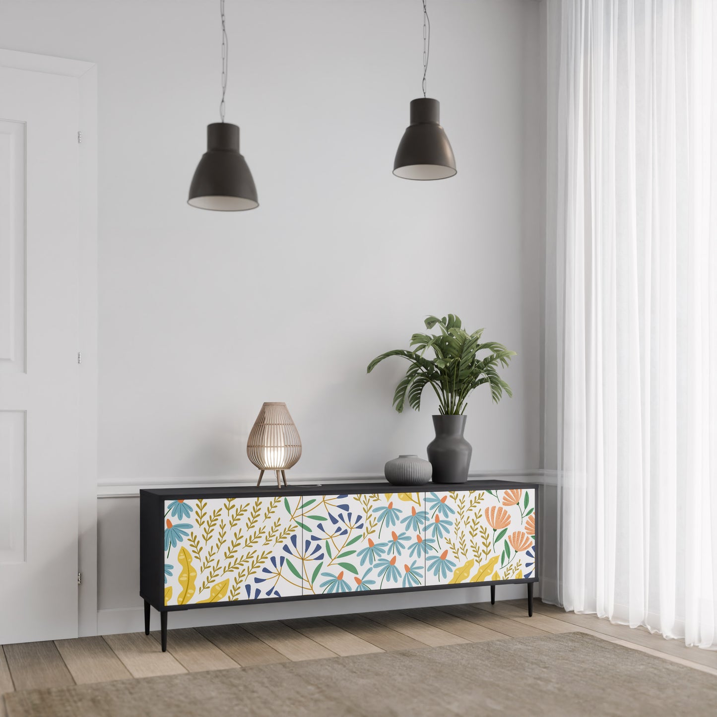 HELLO SPRING TV-bänk med 3 dörrar i svart finish