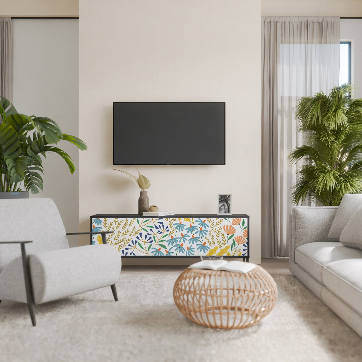 HELLO SPRING TV-bänk med 3 dörrar i svart finish