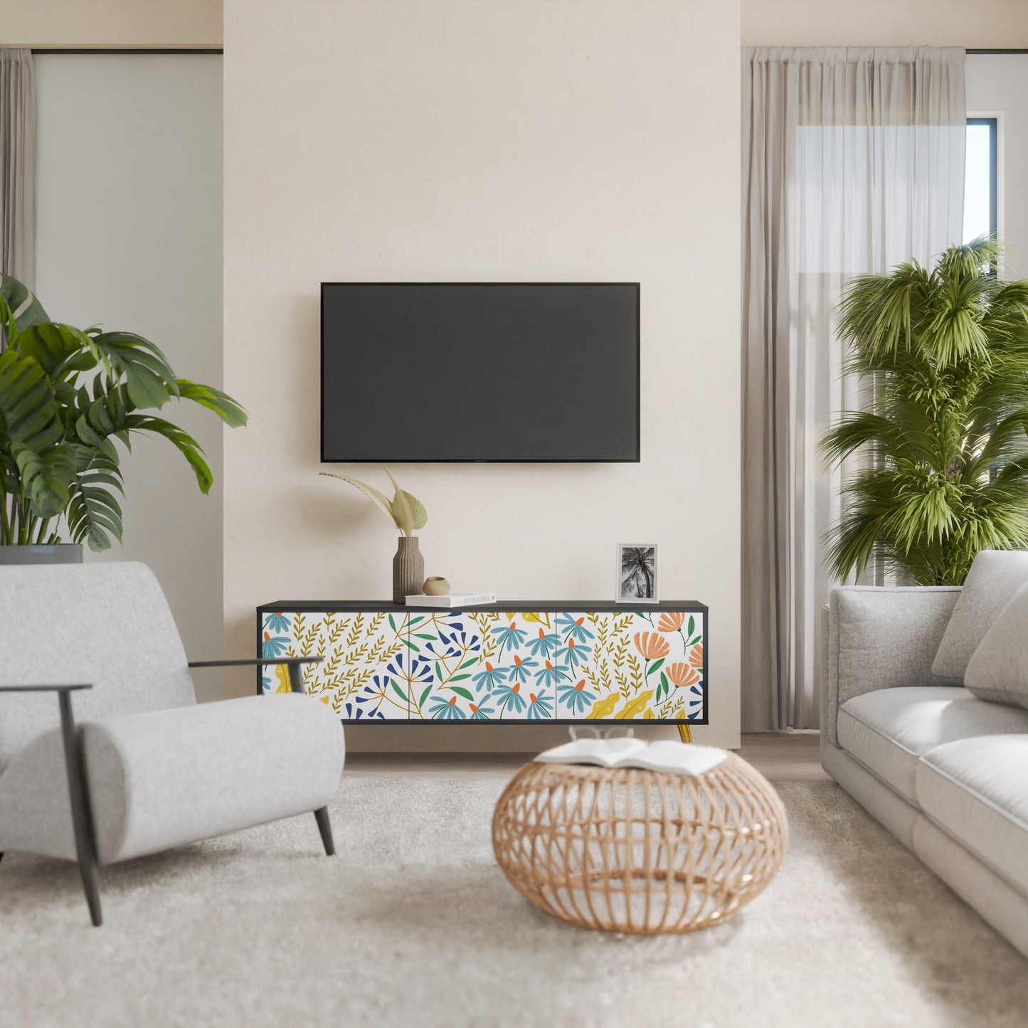 HELLO SPRING TV-bänk med 3 dörrar i svart finish