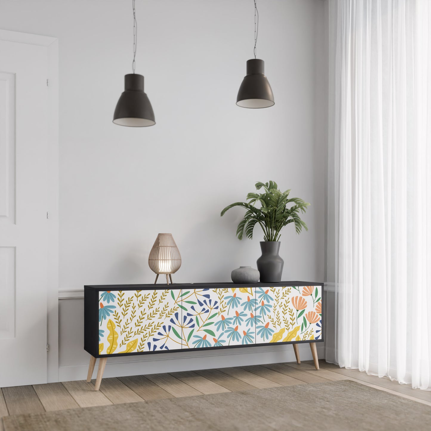 HELLO SPRING TV-bänk med 3 dörrar i svart finish