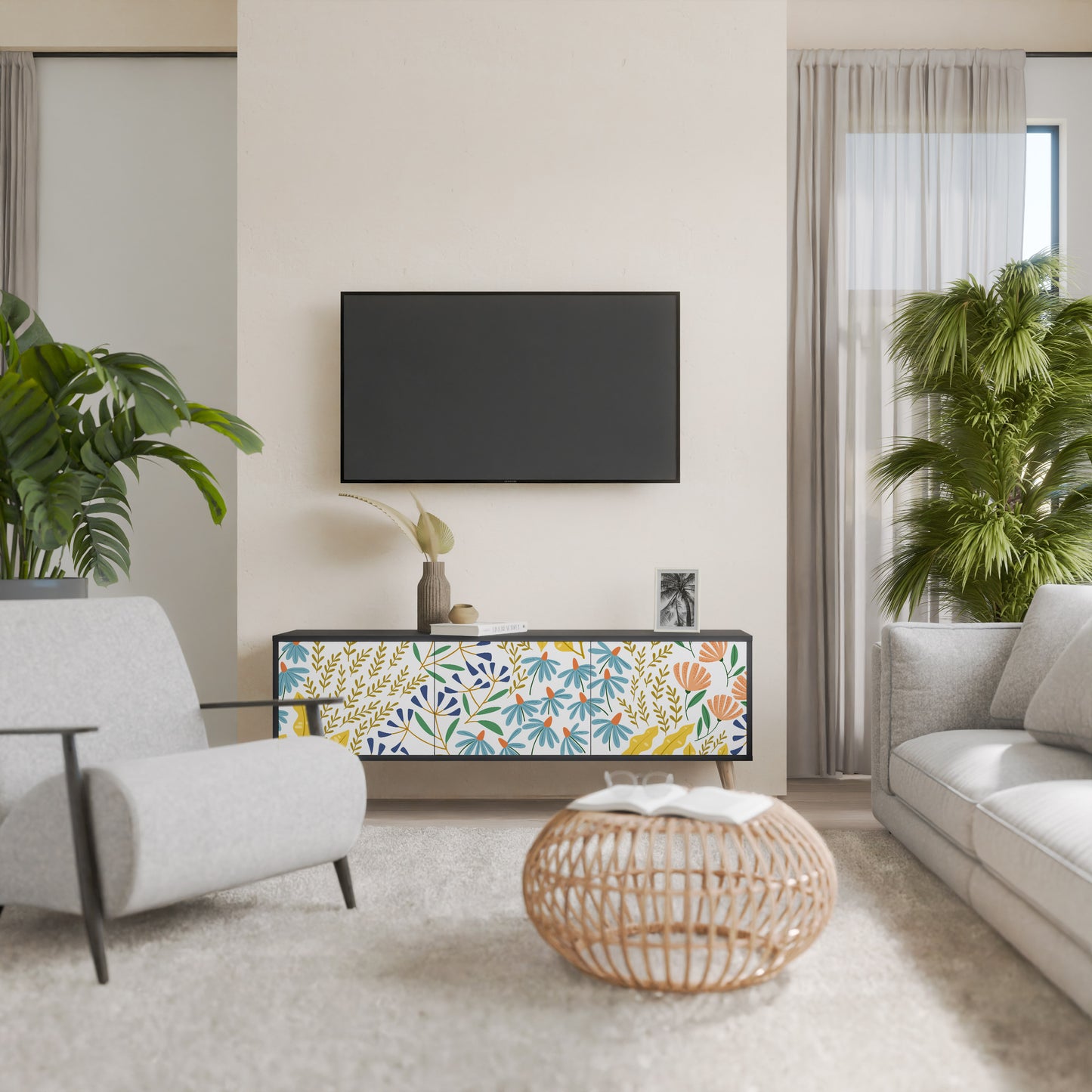 HELLO SPRING TV-bänk med 3 dörrar i svart finish