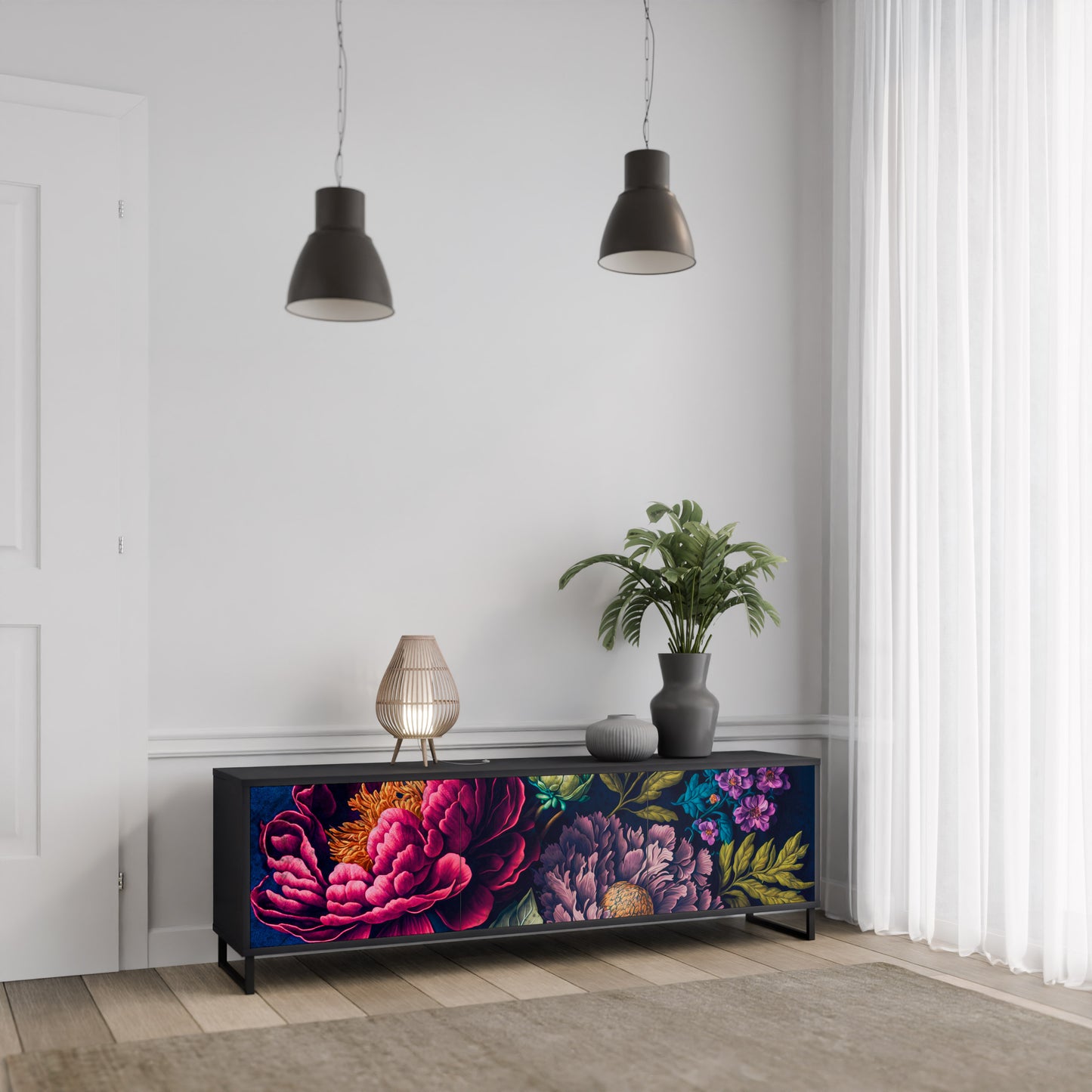 BLOOMING ELEGANCE 3-dörrars TV-bänk i svart finish