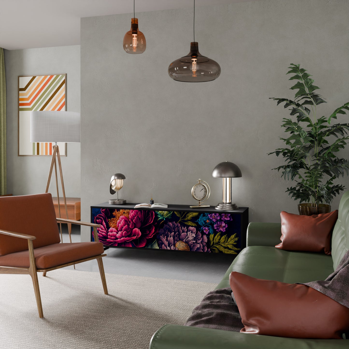 BLOOMING ELEGANCE 3-dörrars TV-bänk i svart finish