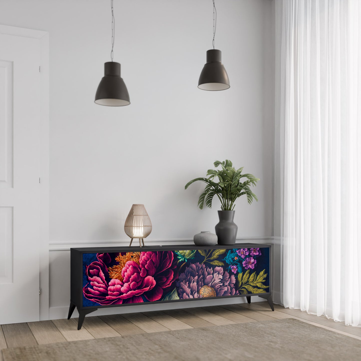 BLOOMING ELEGANCE 3-dörrars TV-bänk i svart finish