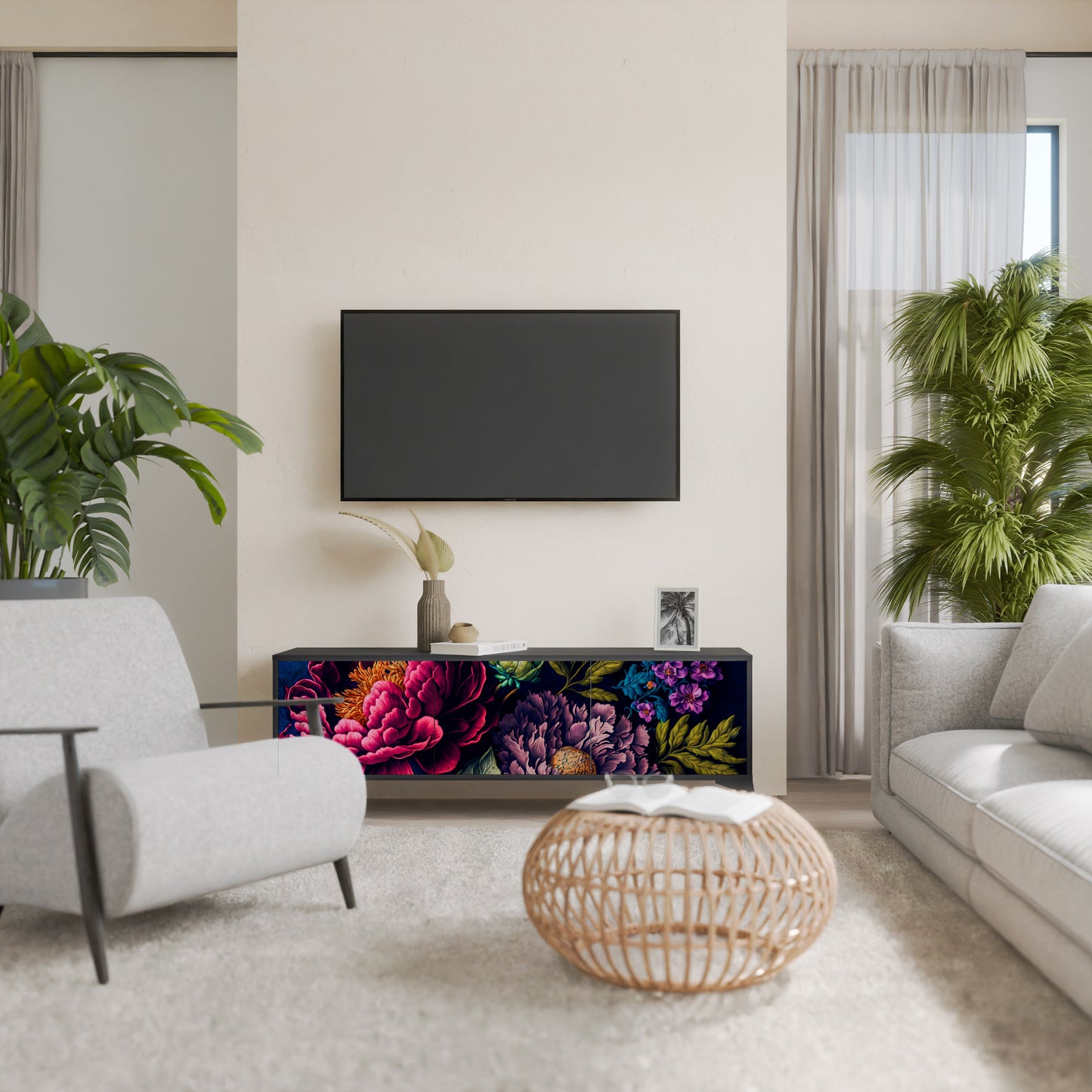 BLOOMING ELEGANCE 3-dörrars TV-bänk i svart finish