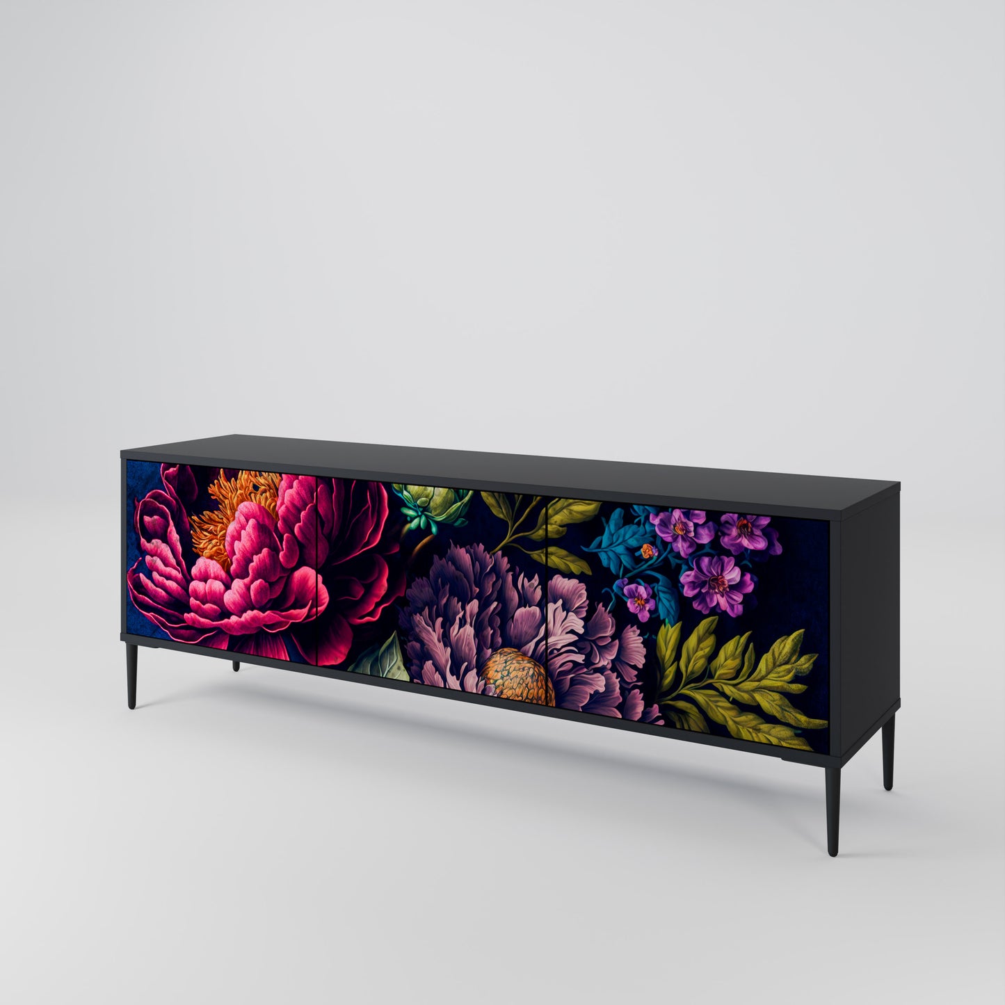 BLOOMING ELEGANCE 3-dörrars TV-bänk i svart finish