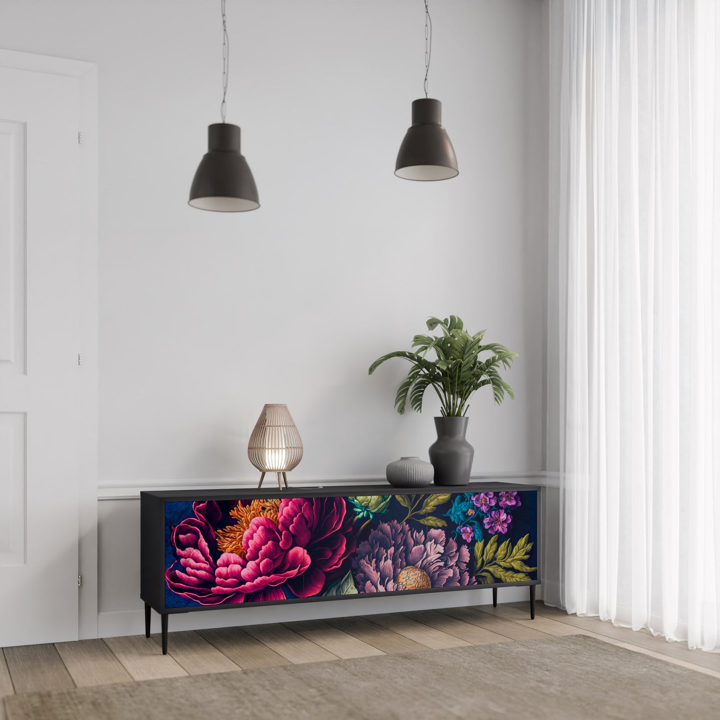 BLOOMING ELEGANCE 3-dörrars TV-bänk i svart finish