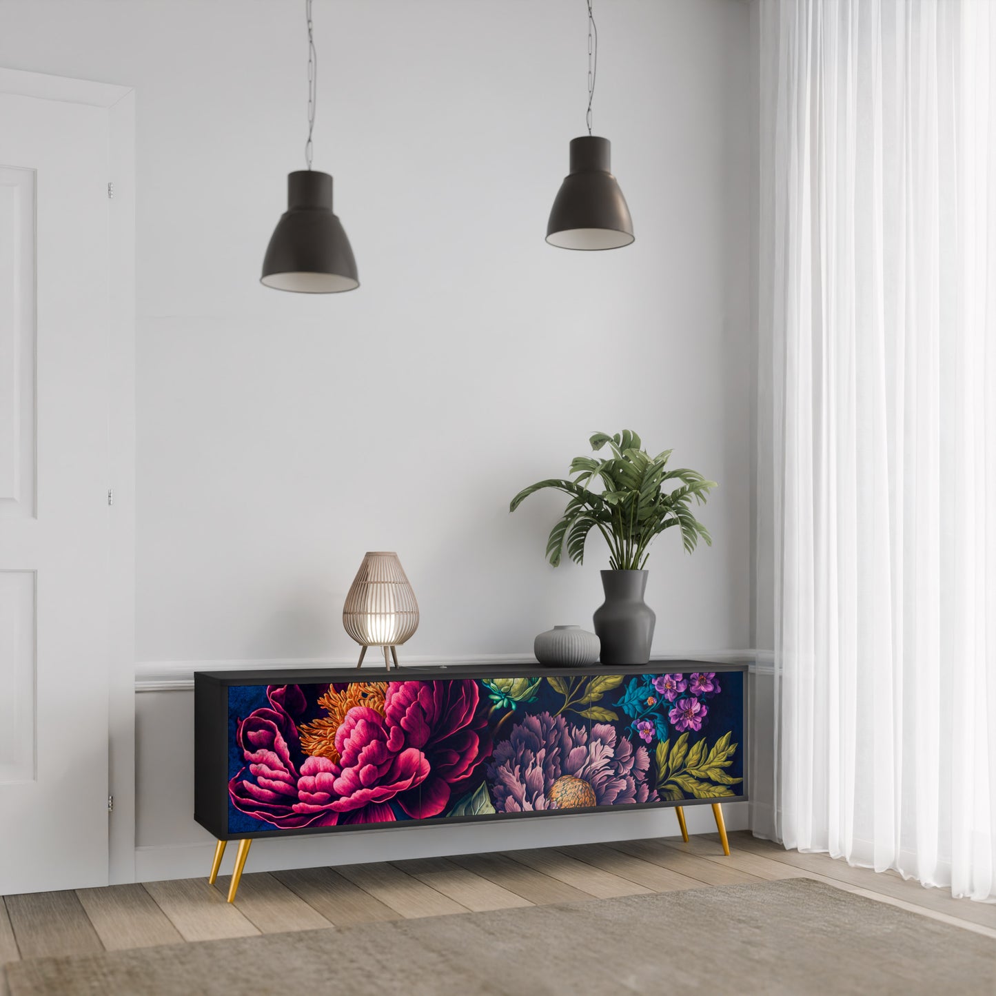 BLOOMING ELEGANCE 3-dörrars TV-bänk i svart finish