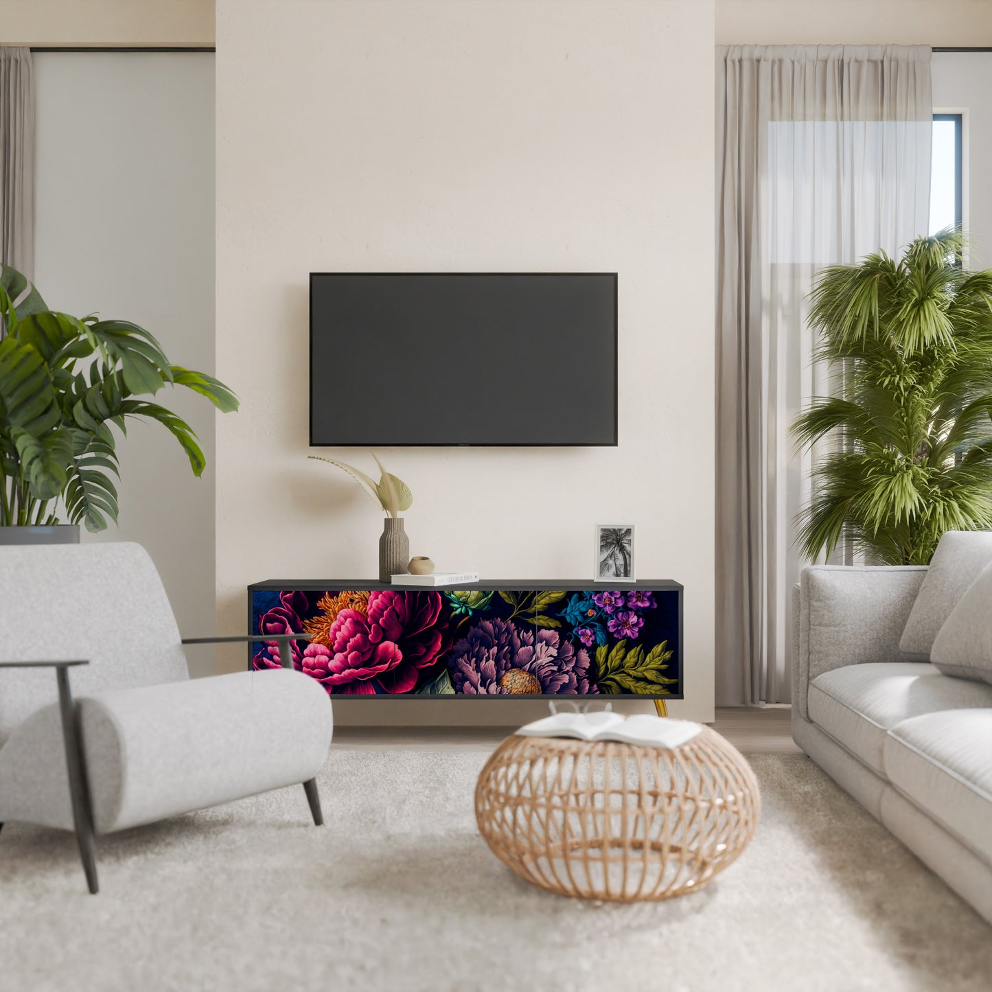 BLOOMING ELEGANCE 3-dörrars TV-bänk i svart finish