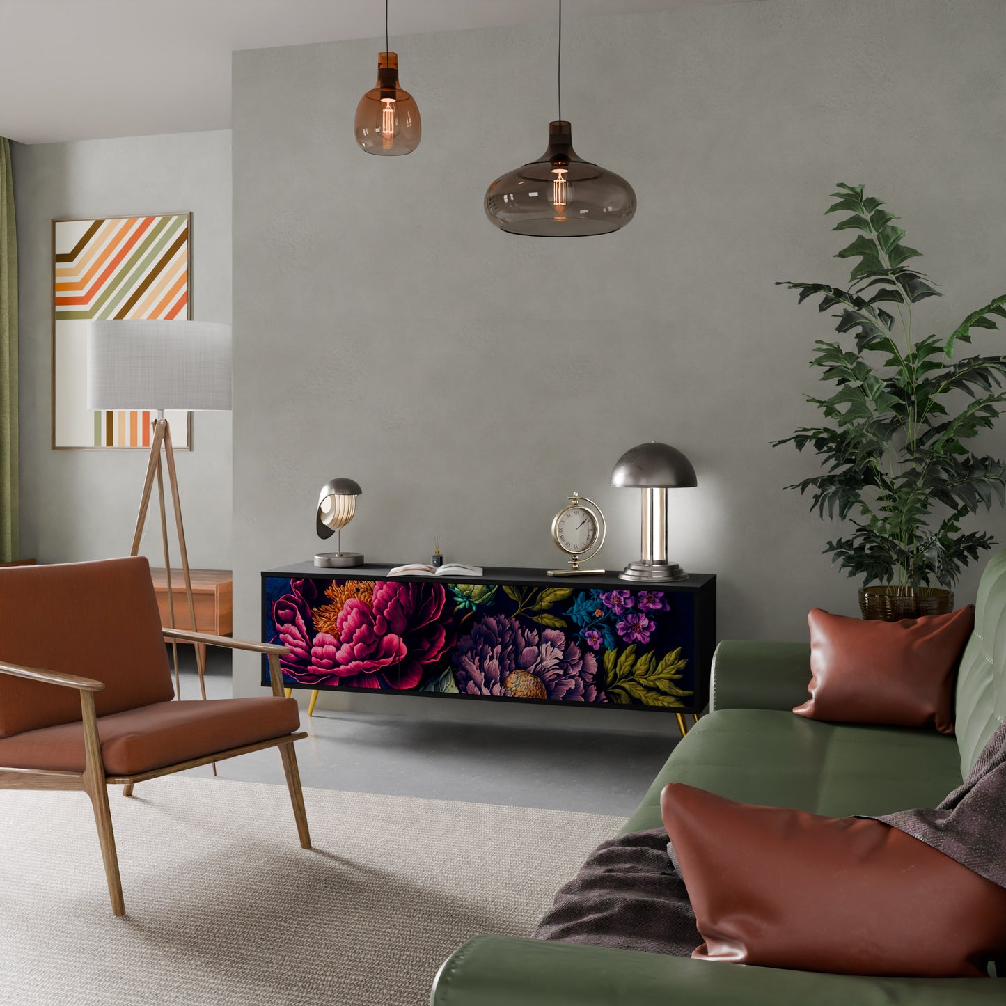 BLOOMING ELEGANCE 3-dörrars TV-bänk i svart finish