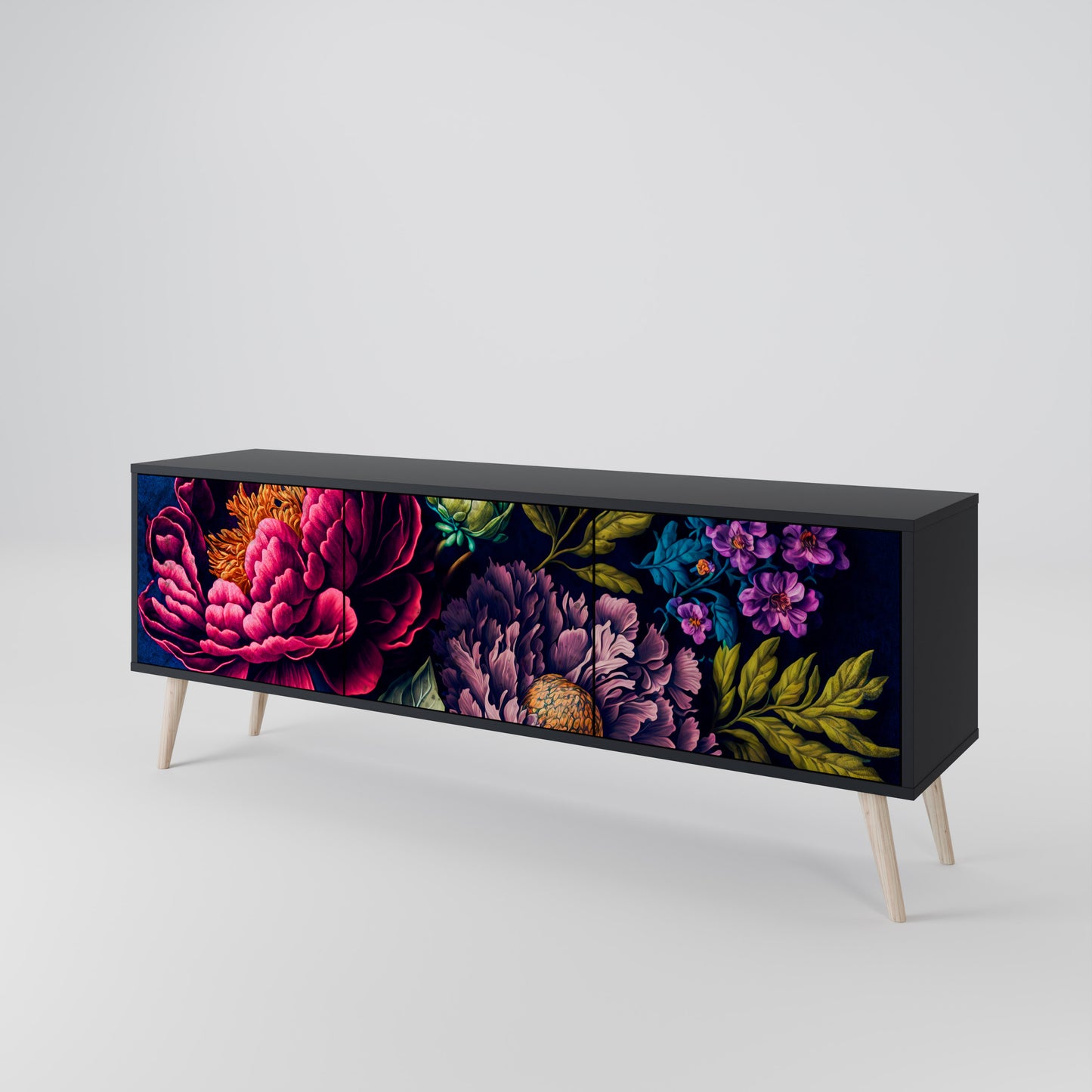 BLOOMING ELEGANCE 3-dörrars TV-bänk i svart finish